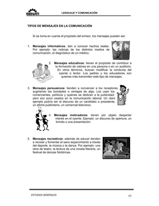 LENGUAJE Y COMUNICACIÓN
63ESTUDIOS GENERALES
TIPOS DE MENSAJES EN LA COMUNICACIÓN
Si se toma en cuenta el propósito del emisor, los mensajes pueden ser:
1. Mensajes informativos: dan a conocer hechos reales.
Por ejemplo: las noticias de los distintos medios de
comunicación, el diagnóstico de un médico.
2. Mensajes educativos: tienen el propósito de contribuir a
la formación de valores en una persona o en un auditorio.
En otros términos, buscan modificar la conducta del
oyente o lector. Los padres y los educadores son
quienes más transmiten este tipo de mensajes.
3. Mensajes persuasivos: tienden a convencer a los receptores
sugiriendo las bondades o ventajas de algo. Los usan los
comerciantes, políticos y quienes se dedican a la publicidad;
pero son poco usados en la comunicación laboral. Un claro
ejemplo podría ser el discurso de un candidato a presidente,
un afiche publicitario, un comercial televisivo.
4. Mensajes motivadores: tienen por objeto despertar
interés en el oyente. Ejemplo: un discurso de apertura, un
brindis o una presentación.
5. Mensajes recreativos: además de educar tienden
a recrear y fomentar el sano esparcimiento a través
del deporte, la música o la danza. Por ejemplo: una
obra de teatro, la lectura de una novela literaria, un
festival de danzas folclóricas.
 