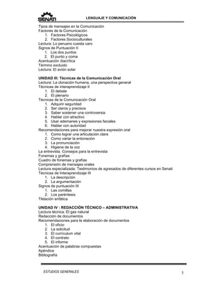 LENGUAJE Y COMUNICACIÓN
5ESTUDIOS GENERALES
Tipos de mensajes en la Comunicación
Factores de la Comunicación
1. Factores Psicológicos
2. Factores Socioculturales
Lectura: Lo peruano cuesta caro
Signos de Puntuación II
1. Los dos puntos
2. El punto y coma
Acentuación diacrítica
Término excluido
Lectura: El avión solar
UNIDAD III: Técnicas de la Comunicación Oral
Lectura: La clonación humana, una perspectiva general
Técnicas de interaprendizaje II
1. El debate
2. El plenario
Técnicas de la Comunicación Oral
1. Adquirir seguridad
2. Ser claros y precisos
3. Saber sostener una controversia
4. Hablar con atractivo
5. Usar ademanes y expresiones faciales
6. Hablar con autoridad
Recomendaciones para mejorar nuestra expresión oral
1. Como lograr una articulación clara
2. Como variar la entonación
3. La pronunciación
4. Higiene de la voz
La entrevista. Consejos para la entrevista
Fonemas y grafías
Cuadro de fonemas y grafías
Comprensión de mensajes orales
Lectura especializada: Testimonios de egresados de diferentes cursos en Senati
Técnicas de Interaprendizaje III
1. La descripción
2. La argumentación
Signos de puntuación III
1. Las comillas
2. Los paréntesis
Tildación enfática
UNIDAD IV : REDACCIÓN TÉCNICO – ADMINISTRATIVA
Lectura técnica: El gas natural
Redacción de documentos
Recomendaciones para la elaboración de documentos
1. El oficio
2. La solicitud
3. El currículum vital
4. El contrato
5. El informe
Acentuación de palabras compuestas
Apéndice
Bibliografía
 