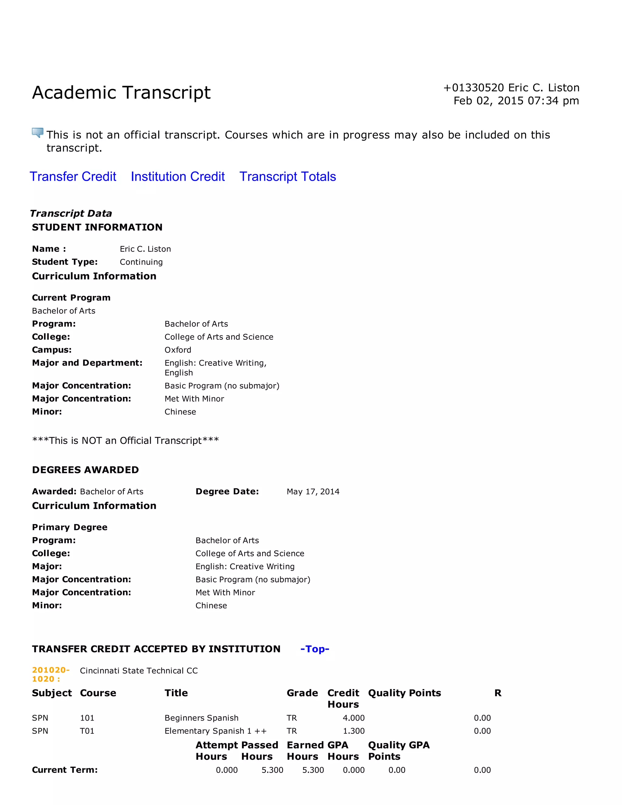 Unofficial Academic Transcript | PDF