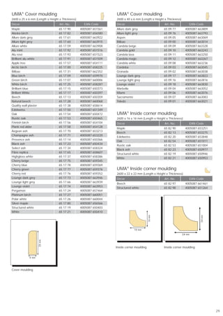 UMA® Cover moulding                                               UMA® Cover moulding
2600 x 25 x 6 mm (Length x Height x Thickness)                    2600 x 40 x 6 mm (Length x Height x Thickness)
Décor                             Art.-No.         EAN-Code       Décor                             Art.-No.          EAN-Code
Maple                            65 17 90        4005087 651561   Allure dark grey                 65 09 77         4005087 663809
Alaska birch                     65 17 82        4005087 656580   Allure light grey                65 09 76         4005087 663793
Allure dark grey                 65 17 61        4005087 663922   Aspen                            65 09 05         4005087 663069
Allure light grey                65 17 60        4005087 663915   Bilbao                           65 09 00         4005087 663014
Allure white                     65 17 59        4005087 663908   Candela beige                    65 09 09         4005087 663328
Alu mint                         65 17 92        4005087 651516   Candela gold                     65 09 10         4005087 663243
Alu rosé                         65 17 93        4005087 651523   Candela lava                     65 09 11         4005087 663250
Brilliant alu white              65 17 91        4005087 651509   Candela magic                    65 09 12         4005087 663267
Apple tree                       65 17 57        4005087 654111   Candela white                    65 09 08         4005087 663236
Arctic birch                     65 17 00        4005087 658225   Cordoba                          65 09 03         4005087 663045
Bilbao                           65 17 31        4005087 662352   Granada                          65 09 02         4005087 663038
Blue birch                       65 17 09        4005087 659970   Lounge dark grey                 65 09 17         4005087 663823
Green birch                      65 17 07        4005087 660006   Lounge light grey                65 09 16         4005087 663816
White birch                      65 17 25        4005087 658287   Lounge violet                    65 09 18         4005087 663830
Brilliant blue                   65 17 15        4005087 650373   Marbella                         65 09 04         4005087 663052
Brillant White                   65 17 17        4005087 650397   Miami                            65 09 06         4005087 663076
Beech                            65 17 13        4005087 650359   Sacramento                       65 09 07         4005087 663083
Natural beech                    65 17 28        4005087 660068   Toledo                           65 09 01         4005087 663021
Quality wall plaster             65 17 38        4005087 658614
Edelweiss                        65 17 50        4005087 651349
Oak                              65 17 54        4005087 650472   UMA® Inside corner moulding
Rustic oak                       65 17 53        4005087 650465   2600 x 16 x 16 mm (Length x Height x Thickness)
Finnish birch                    65 17 56        4005087 654104   Décor                             Art.-No.          EAN-Code
Plank red alder                  65 17 58        4005087 654128
                                                                  Maple                            65 82 90         4005087 653251
Aegean ash                       65 17 70        4005087 653213
                                                                  Beech                            65 82 13         4005087 653275
Champagne ash                    65 17 71        4005087 653220
                                                                  Edelweiss                        65 82 20         4005087 653848
Provence ash                     65 17 14        4005087 650366
                                                                  Oak                              65 82 54         4005087 651011
Black ash                        65 17 23        4005087 650434
                                                                  Rustic oak                       65 82 53         4005087 651004
Select ash                       65 17 34        4005087 658324
                                                                  Black ash                        65 82 23         4005087 650977
Fibre replica                    65 17 65        4005087 658607
                                                                  Structured white                 65 82 19         4005087 650946
Highgloss white                  65 17 37        4005087 658386
                                                                  White                            65 82 21         4005087 650953
Cherry beige                     65 17 75        4005087 659345
Cherry blue                      65 17 78        4005087 659369
Cherry green                     65 17 77        4005087 659376   UMA® Inside corner moulding
Cherry red                       65 17 76        4005087 659352   2600 x 22 x 22 mm (Length x Height x Thickness)
Lounge dark grey                 65 17 73        4005087 663946   Décor                             Art.-No.          EAN-Code
Lounge light grey                65 17 66        4005087 663939
                                                                  Beech                            65 82 97         4005087 661461
Lounge violet                    65 17 74        4005087 663953
                                                                  Structured white                 65 82 98         4005087 651264
Pergamon                         65 17 24        4005087 657464
Platinum birch                   65 17 27        4005087 660051
Polar white                      65 17 26        4005087 660044
Silver maple                     65 17 80        4005087 656566
Structured white                 65 17 19        4005087 650403
White                            65 17 21        4005087 650410




                                                                  Inside corner moulding           Inside corner moulding




Cover moulding




                                                                                                                                     29
 