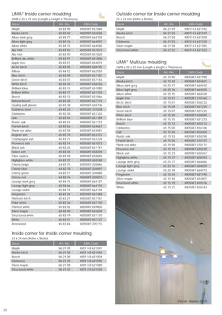 UMA® Inside corner moulding                                        Outside corner for Inside corner moulding
     2600 x 24 x 24 mm (Length x Height x Thickness)                    24 x 24 mm (Höhe x Breite)
     Décor                             Art.-No.          EAN-Code       Décor                             Art.-No.          EAN-Code
     Maple                            65 83 90         4005087 651868   Maple                            06 21 59         4001143 621592
     Alaska birch                     65 83 42         4005087 656528   Alaska birch                     06 21 54         4001143 621547
     Allure dark grey                 65 84 77         4005087 664103   Beech                            06 21 50         4001143 621509
     Allure light grey                65 84 76         4005087 664097   Edelweiss                        06 21 53         4001143 621530
     Allure white                     65 84 75         4005087 664080   Silver maple                     06 21 58         4001143 621585
     Alu mint                         65 83 92         4005087 651813   Structured white                 06 21 52         4001143 621523
     Alu rosé                         65 83 93         4005087 651820
     Brilliant alu white              65 83 91         4005087 651806
     Apple tree                       65 83 57         4005087 654074   UMA® Multiuse moulding
     Arctic birch                     65 83 03         4005087 658195   2600 x 22 x 22 mm (Length x Height x Thickness)
     Bilbao                           65 84 52         4005087 662550   Décor                             Art.-No.          EAN-Code
     Blue birch                       65 83 09         4005087 657181
                                                                        Maple                            65 15 90         4005087 651998
     Green birch                      65 83 07         4005087 657143
                                                                        Alaska birch                     65 15 42         4005087 654821
     White birch                      65 83 33         4005087 658256
                                                                        Allure dark grey                 65 25 77         4005087 664042
     Brilliant blue                   65 83 15         4005087 651080
                                                                        Allure light grey                65 25 76         4005087 664035
     Brillant White                   65 83 17         4005087 651103
                                                                        Allure white                     65 25 75         4005087 664028
     Beech                            65 83 13         4005087 651066
                                                                        Apple tree                       65 15 57         4005087 210164
     Natural beech                    65 83 28         4005087 657174
                                                                        Arctic birch                     65 15 01         4005087 658232
     Quality wall plaster             65 83 38         4005087 658706
                                                                        Blue birch                       65 15 09         4005087 657259
     Stainless steel                  65 83 20         4005087 210508
                                                                        Green birch                      65 15 07         4005087 657235
     Edelweiss                        65 83 50         4005087 651332
                                                                        White birch                      65 15 20         4005087 658584
     Oak                              65 83 54         4005087 651189
                                                                        Brilliant blue                   65 15 15         4005087 651233
     Rustic oak                       65 83 53         4005087 651172
                                                                        Beech                            65 15 13         4005087 650212
     Finnish birch                    65 83 56         4005087 654067
                                                                        Edelweiss                        65 15 00         4005087 654166
     Plank red alder                  65 83 58         4005087 654081
                                                                        Oak                              65 15 54         4005087 650304
     Aegean ash                       65 83 70         4005087 653312
                                                                        Rustic oak                       65 15 53         4005087 650298
     Champagne ash                    65 83 71         4005087 653329
                                                                        Finnish birch                    65 15 56         4005087 210157
     Provence ash                     65 83 14         4005087 651073
                                                                        Plank red alder                  65 15 58         4005087 210171
     Black ash                        65 83 23         4005087 651141
                                                                        Provence ash                     65 15 14         4005087 650229
     Select ash                       65 83 34         4005087 658294
                                                                        Black ash                        65 15 23         4005087 650267
     Fibre replica                    65 83 49         4005087 658683
                                                                        Highgloss white                  65 15 37         4005087 658393
     Highgloss white                  65 83 37         4005087 658348
                                                                        Lounge dark grey                 65 25 17         4005087 664066
     Cherry beige                     64 83 75         4005087 204866
                                                                        Lounge light grey                65 25 16         4005087 664059
     Cherry blue                      64 83 78         4005087 204897
                                                                        Lounge violet                    65 25 18         4005087 664073
     Cherry green                     64 83 77         4005087 204880
                                                                        Pergamon                         65 15 24         4005087 657495
     Cherry red                       64 83 76         4005087 204873
                                                                        Silver maple                     65 15 40         4005087 654807
     Lounge dark grey                 65 84 73         4005087 664127
                                                                        Structured white                 65 15 19         4005087 650236
     Lounge light grey                65 84 66         4005087 664110
                                                                        White                            65 15 21         4005087 650243
     Lounge violet                    65 84 74         4005087 664134
     Pergamon                         65 83 24         4005087 657488
     Platinum birch                   65 83 27         4005087 657167
     Polar white                      65 83 26         4005087 657150
     Painted white                    65 83 02         4005087 659802
     Silver maple                     65 83 40         4005087 656504
     Structured white                 65 83 19         4005087 651110
     White                            65 83 21         4005087 651127
     Rosewood                         65 83 66         4005087 205115


     Inside corner for Inside corner moulding
     24 x 24 mm (Höhe x Breite)
     Décor                             Art.-No.          EAN-Code
     Maple                            06 21 09         4001143 621097
     Alaska birch                     06 21 04         4001143 621042
     Beech                            06 21 00         4001143 621004
     Edelweiss                        06 21 03         4001143 621035
     Silver maple                     06 21 08         4001143 621080
     Structured white                 06 21 02         4001143 621028




                                                                                                                     Décor: Alaska birch

30
 