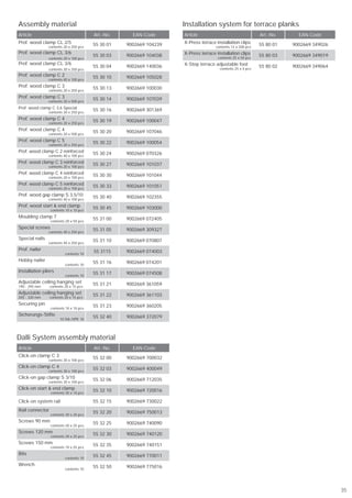 Assembly material                                                   Installation system for terrace planks
Article                                 Art.-No.     EAN-Code       Article                                 Art.-No.     EAN-Code
Prof. wood clamp CL 2/5                 55 30 01   9002669 104239   X-Press terrace installation clips      55 80 01   9002669 349026
                contents 20 x 250 pcs                                               contents 12 x 200 pcs
Prof. wood clamp CL 3/6                                             X-Press terrace installation clips
                                        55 30 03   9002669 104038                    contents 25 x 50 pcs
                                                                                                            55 80 03   9002669 349019
                contents 20 x 100 pcs
Prof. wood clamp CL 3/6                                             X-Step terrace adjustable foot
                                        55 30 04   9002669 140036                     contents 25 x 4 pcs
                                                                                                            55 80 02   9002669 349064
                contents 20 x 250 pcs
Prof. wood clamp C 2                    55 30 10   9002669 105028
                contents 40 x 100 pcs
Prof. wood clamp C 3                    55 30 13   9002669 100030
                contents 20 x 250 pcs
Prof. wood clamp C 3                    55 30 14   9002669 107039
                contents 20 x 500 pcs
Prof. wood clamp C 3,6 Special
                contents 20 x 250 pcs
                                        55 30 16   9002669 301369
Prof. wood clamp C 4                    55 30 19   9002669 100047
                contents 20 x 250 pcs
Prof. wood clamp C 4                    55 30 20   9002669 107046
                contents 20 x 500 pcs
Prof. wood clamp C 5                    55 30 22   9002669 100054
                contents 20 x 250 pcs
Prof. wood clamp C 2 reinforced         55 30 24   9002669 070326
                contents 40 x 100 pcs
Prof. wood clamp C 3 reinforced         55 30 27   9002669 101037
                contents 20 x 100 pcs
Prof. wood clamp C 4 reinforced         55 30 30   9002669 101044
                contents 20 x 100 pcs
Prof. wood clamp C 5 reinforced         55 30 33   9002669 101051
                contents 20 x 100 pcs
Prof. wood gap clamp S 3,5/10           55 30 40   9002669 102355
                contents 40 x 100 pcs
Prof. wood start & end clamp            55 30 45   9002669 103000
                 contents 10 x 10 pcs
Moulding clamp 7                        55 31 00   9002669 072405
                 contents 20 x 50 pcs
Special screws                          55 31 05   9002669 309327
                contents 40 x 250 pcs
Special nails                           55 31 10   9002669 070807
                contents 40 x 250 pcs
Prof. nailer                            55 3115    9002669 074003
                          contents 10
Hobby nailer                            55 31 16   9002669 074201
                          contents 10
Installation pliers                     55 31 17   9002669 074508
                          contents 10
Adjustable ceiling hanging set          55 31 21   9002669 361059
190 - 295 mm     contents 20 x 15 pcs
Adjustable ceiling hanging set          55 31 22   9002669 361103
205 - 320 mm     contents 20 x 15 pcs
Securing pin                            55 31 23   9002669 360205
                 contents 10 x 10 pcs
Sicherungs-Stifte                       55 32 40   9002669 372079
                       10 Stk./VPE 10




Dalli System assembly material
Article                                 Art.-No.     EAN-Code
Click-on clamp C 3                      55 32 00   9002669 700032
                contents 30 x 100 pcs
Click-on clamp C 4                      55 32 03   9002669 400049
                contents 30 x 100 pcs
Click-on gap clamp S 3/10               55 32 06   9002669 712035
                contents 30 x 100 pcs
Click-on start & end clamp              55 32 10   9002669 720016
                 contents 30 x 10 pcs

Click-on system rail                    55 32 15   9002669 730022
Rail connector                          55 32 20   9002669 750013
                 contents 30 x 20 pcs
Screws 90 mm                            55 32 25   9002669 740090
                 contents 20 x 25 pcs
Screws 120 mm                           55 32 30   9002669 740120
                 contents 20 x 25 pcs
Screws 150 mm                           55 32 35   9002669 740151
                 contents 10 x 25 pcs
Bits                                    55 32 45   9002669 770011
                          contents 10
Wrench                                  55 32 50   9002669 775016
                          contents 10




                                                                                                                                        35
 