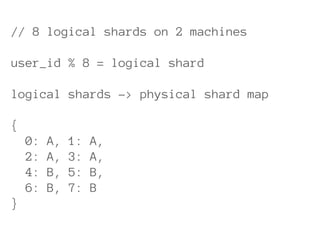 // 8 logical shards on 2 machines

user_id % 8 = logical shard

logical shards -> physical shard map

{
    0:   A,   1:   A,
    2:   A,   3:   A,
    4:   B,   5:   B,
    6:   B,   7:   B
}
 