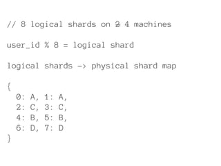 // 8 logical shards on 2 4 machines

user_id % 8 = logical shard

logical shards -> physical shard map

{
    0:   A,   1:   A,
    2:   C,   3:   C,
    4:   B,   5:   B,
    6:   D,   7:   D
}
 