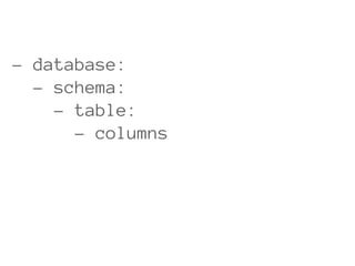 - database:
  - schema:
    - table:
      - columns
 