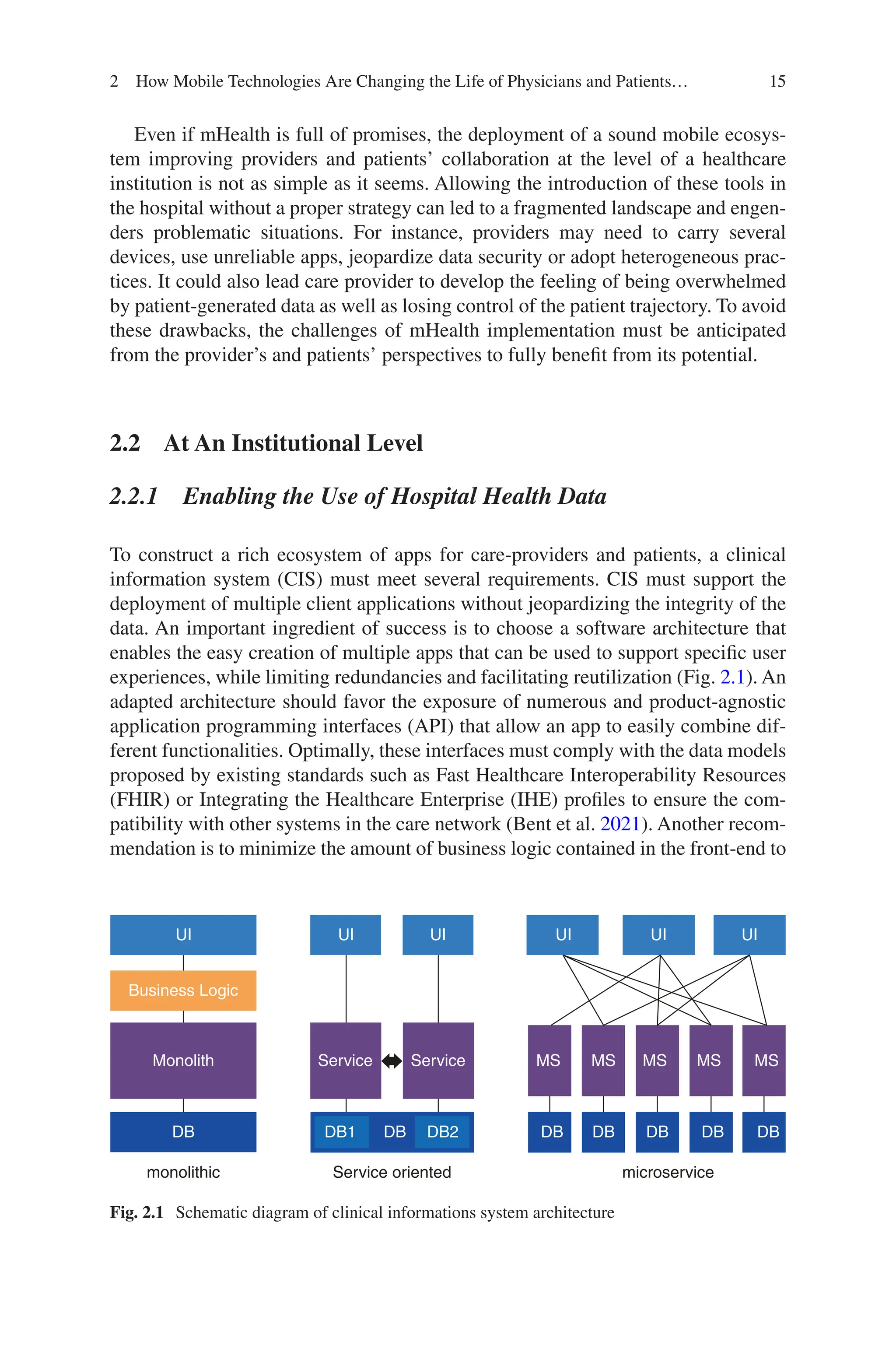 15
Even if mHealth is full of promises, the deployment of a sound mobile ecosys-
tem improving providers and patients’ collaboration at the level of a healthcare
institution is not as simple as it seems. Allowing the introduction of these tools in
the hospital without a proper strategy can led to a fragmented landscape and engen-
ders problematic situations. For instance, providers may need to carry several
devices, use unreliable apps, jeopardize data security or adopt heterogeneous prac-
tices. It could also lead care provider to develop the feeling of being overwhelmed
by patient-generated data as well as losing control of the patient trajectory. To avoid
these drawbacks, the challenges of mHealth implementation must be anticipated
from the provider’s and patients’ perspectives to fully benefit from its potential.
2.2 At An Institutional Level
2.2.1 
Enabling the Use of Hospital Health Data
To construct a rich ecosystem of apps for care-providers and patients, a clinical
information system (CIS) must meet several requirements. CIS must support the
deployment of multiple client applications without jeopardizing the integrity of the
data. An important ingredient of success is to choose a software architecture that
enables the easy creation of multiple apps that can be used to support specific user
experiences, while limiting redundancies and facilitating reutilization (Fig. 2.1). An
adapted architecture should favor the exposure of numerous and product-­
agnostic
application programming interfaces (API) that allow an app to easily combine dif-
ferent functionalities. Optimally, these interfaces must comply with the data models
proposed by existing standards such as Fast Healthcare Interoperability Resources
(FHIR) or Integrating the Healthcare Enterprise (IHE) profiles to ensure the com-
patibility with other systems in the care network (Bent et al. 2021). Another recom-
mendation is to minimize the amount of business logic contained in the front-­
end to
UI
Business Logic
Monolith Service Service MS MS MS MS MS
DB
DB
DB
DB
DB
DB2
DB1 DB
DB
monolithic Service oriented microservice
UI UI UI UI UI
Fig. 2.1 Schematic diagram of clinical informations system architecture
2 How Mobile Technologies Are Changing the Life of Physicians and Patients…
 
