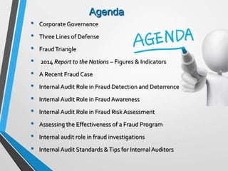 Agenda
• Corporate Governance
• Three Lines of Defense
• FraudTriangle
• 2014 Report to the Nations – Figures & Indicators
• A Recent Fraud Case
• InternalAudit Role in Fraud Detection and Deterrence
• InternalAudit Role in Fraud Awareness
• InternalAudit Role in Fraud RiskAssessment
• Assessing the Effectiveness of a Fraud Program
• Internal audit role in fraud investigations
• InternalAudit Standards &Tips for InternalAuditors
 