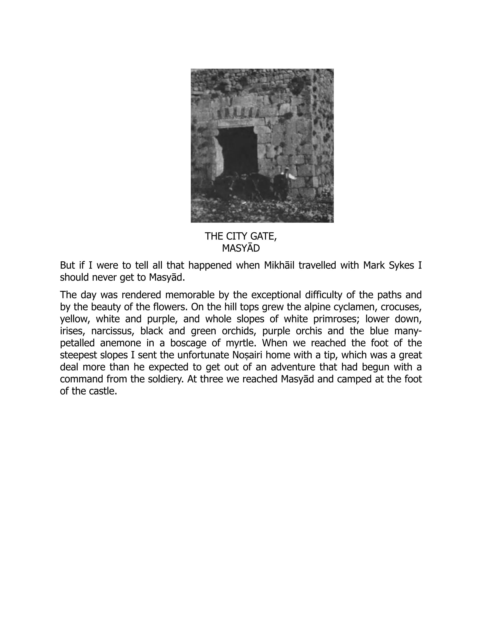 THE CITY GATE,
MASYĀD
But if I were to tell all that happened when Mikhāil travelled with Mark Sykes I
should never get to Masyād.
The day was rendered memorable by the exceptional difficulty of the paths and
by the beauty of the flowers. On the hill tops grew the alpine cyclamen, crocuses,
yellow, white and purple, and whole slopes of white primroses; lower down,
irises, narcissus, black and green orchids, purple orchis and the blue many-
petalled anemone in a boscage of myrtle. When we reached the foot of the
steepest slopes I sent the unfortunate Noṣairi home with a tip, which was a great
deal more than he expected to get out of an adventure that had begun with a
command from the soldiery. At three we reached Masyād and camped at the foot
of the castle.
 