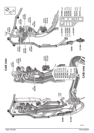 T3065124
Page 128 (268) Wiring diagram
CABinlet
CABinlet
(4GY)
XC201
XC206(spare)
XC207(9YE)
XC208(12GN)
XC209(spare)
XC210(12VT)
XC211(spare)
XC212(spare)
XC213(25BK)
(4GY)XC201
(25GY)XC202
(36BN)XC203
(36VT)XC204
(B+)XC205
(9YE)
XC207
(12GN)
XC208
(12VT)
XC210
(25BK)
XC213
(Firewall)
(36VT)
XC204
(7BK)
XC214
(CAB)
1.0
E119R
S26B
(25BK)
XC213
(Firewall)
(36BN)
XC203
(B+)
XC205
(25GY)
XC202
E119R
S26B
(4GY)
XC201
(9YE)
XC207
(ADR)
(B+)
XC205
1160 (Firewall)
1000(Instrument)
(Instrument)
XC201(4GY)
XC202(25GY)
XC203(36BN)
XC204(36VT)
XC208(12GN)
XC210(12VT)
XC205(B+)
(ADR)
XC207(9YE)
(Firewall)
XC213(25BK)
 