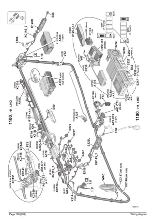 T3065115
Page 136 (268) Wiring diagram
A33A
(A156.BorA169.C)
XC151
(Micro)
XC146
F93
(Micro)
(LCS)
V32
(TollCollect)
A123
S258A,B
(F.Panel1)
B63
S260
(F.Panel2)
S227
S238
S247
S272
(TGW)
A125A,B,C
A176
(LPOS)
(FOG)
B236
(Alarm)
V07
1.10
E106
E126R
XC145_2
XC145_1
E106
E126L
E88
WRC
XC147(X67AUX)
XC148(X66USB)
1.11
(2GY)
M43
X114
(2GY)
A07
(25BK)
XC124
(6NL)
XC115_1E90
(TGW)
A125A,B,C
(LPOS)
A176
(FM-splitt)
A188
(6BU)
XC116
1100,LHDH1,
S272
1100,LHDH1,
S238S227
S247B63
S260
(F.Panel2)
S258
(F.Panel1)
S86
A,B,CA122
(TollCollect)
(TACHO)
A33A
A,B,C
A07
(Audio)
A,B,C
X1,X2,X3,X4
A183
(TESP)
E88
1.8
S247
S227
(Micro)
K95
(1000)
XC141
(36BK)
(1000)
XC140
(25BK)
(FRC)
A01.CT2
(4GY)
(FRC)
A01.CT1
(36BK)
(FRC)
A01.CT2
(4GY)
(FRC)
A01.CT1
(36BK)
(DC/DC)
U29/U33
U29/U33
(DC/DC)
(SUN)
XC149
B271
K95(Micro)
(Micro)
F93
XC146
(Micro)
K71A/B
(TIS)
K71A
K71B
(TIS)
 