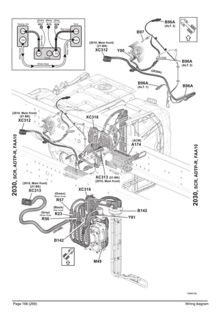 T3065164
Page 166 (268) Wiring diagram
(2010, Main front)
(21 BK)
XC312 Y80
B97
B96A
(ALT. 3)
B96A
(ALT. 2)
B96A
B96A
(ALT. 1)
2030,SCR,ADTP-R,FAA10
2030,SCR,ADTP-R,FAA10
M49
(2010, Main front)
(21 BK)
XC313
B142
XC316
(2030B)
Y81
(2010, Main front)
(21 BK)
XC312
B142
(2030A)
(ACM)
A174
XC313 (21 BK)
(2010, Main front)
XC316
(Grey)
White Hose
R56
(Black)
Red Hose
R23
(Green)
Black Hose
R57
Red Hose
BlackHose
Dosing Unit
5/16
3/8
5/16
Tank
WhiteHose
WhiteHose
Pump
3/85/16
White Hose
3/8
(Grey)
White Hose
R56
(Black)
Red Hose
R23
(Green)
Black Hose
R57
 