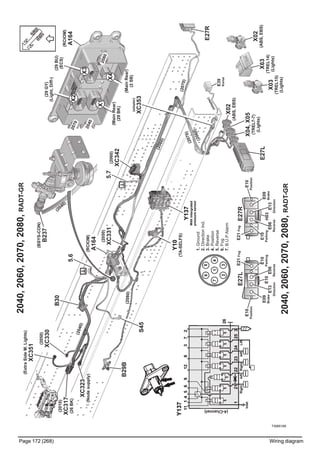 T3065169
Page 172 (268) Wiring diagram
(2040)
2040,2060,2070,2080,RADT-GR
2040RADT-GR,2060,2070,2080,
(2050)
XC330
B30
5.6
(2010)
XC317
(26BK)
(2050)
XC331
XC323
(Nodesupply)
B29B
S45
E27R
(2070)
(2040)
(RCIOM)
A164
Y10
(TA-SELFS)
5.7(2060)
XC342
(2060)
(2080)
E27L
(2060)
(2070)Y137
Withintergrated
pressuresensor
(ExtraSideM.Lights)
XC351
1.Ground
2.DirectionInd.
3.Brake
4.Position
5.Reverse
6.Fog
7.B.U.PAlarm
E27R
H03E10
E27L
X02
(ABS,EBS)
X04,X05
(TREL7-7)
(Lights)
X63
(TREL14)
(Lights)
(adapter)
XC353
E39
Korea
(adapter)
X03
(TREL15)
(Lights)
X02
(ABS,EBS)
E06
Reverse
E09
Brake
E21Fog
E10
Parking
E21Fog
E13
Direction
E10
Position
E06
Reverse
E09
Brake
E10
Parking
E13
Direction
E10
Position
(RCIOM)
A164
(MainRear)
(2SB)
(MainRear)
(29BK)
(29BU)
(ECS)
(29GY)
(Light,Diff-)
2070
2040
2080
(BSYS-CON)
B237
X2
X3
X4
X1
Y137
(4-Channel)
3242122231
26
25
Inlet
P
RightIeftRightIeftLift
1193456128721
 