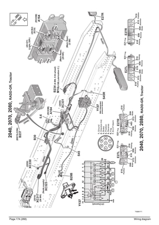 T3065171
Page 174 (268) Wiring diagram
2040,2070,2080,RADD-GR,Tractor
2040RADD-GR,Tractor,2070,2080,
(2050)
XC330
B30
5.6
(2010)
XC317
(26BK)
(2050)
XC331
(6BN,5:th-wheel)B234
M14(4SB,LubricationC.)
(Nodesupply)
XC323
B29B
S45RE27R(2070)
(2040)
(2080)
(RCIOM)
A164
S45
(2070)
E27L
E10
E06
ReverseE09
Brake
E21Fog
E10
Parking
E27RE21Fog
E13
Direction
E10
Position
E06
Reverse
E09
Brake
E10
ParkingE13
Direction
E10
Position
(BSYS-CON)
B237
1.Ground
2.DirectionInd.
3.Brake
4.Position
5.Reverse
6.Fog
7.B.U.PAlarm
(2040)
E27R
H03E10
E27L
E06
Reverse
E09
Brake
E21Fog
E10
Parking
E21Fog
E13
Direction
E10
Position
E06
Reverse
E09
Brake
E10
Parking
E13
Direction
E10
Position
(RCIOM)
A164
(MainRear)
(2SB)
(MainRear)
(29BK)
(29BU)
(ECS)
(29GY)
(Light,Diff-)
2070
2040
2080
X3
X4
X2
Y137
Withintergrated
pressuresensor
Y137
(4-Channel)
3242122231
26
25
Inlet
P
RightIeftRightIeftLift
1193456128721
X1
 