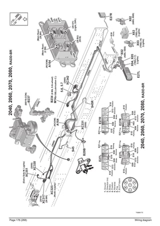 T3065173
Page 176 (268) Wiring diagram
2040,2060,2070,2080,RADD-BR
2040RADD-BR,2060,2070,2080,
(2050)
XC330
(2010)
XC317
(26BK)
XC323
(Nodesupply)
E27R
(2070)
(2040)(RCIOM)
A164
S69
5.6,5.7
(2060)
XC342
(2060)
(2080)
(ExtraSideM.Lights)
XC351
(2060)(2070)
S45R
S45
XC331
(2050)
(6BN,5:th-wheel)B234
M14(4SB,LubricationC.)
B29B
E27L
(BSYS-CON)
B237
(2040)
X02
(ABS,EBS)
X04,X05
(TREL7-7)
(Lights)
X63
(TREL14)
(Lights)
E39
Korea
(adapter)
X03
(TREL15)
(Lights)
X02
(ABS,EBS)
E27L
(RCIOM)
A164
(MainRear)
(2SB)
(MainRear)
(29BK)
(29BU)
(ECS)
(29GY)
(Light,Diff-)
2070
2040
2080
E10
E06
ReverseE09
Brake
E21Fog
E10
Parking
E27RE21Fog
E13
Direction
E10
Position
E06
Reverse
E09
Brake
E10
ParkingE13
Direction
E10
Position
1.Ground
2.DirectionInd.
3.Brake
4.Position
5.Reverse
6.Fog
7.B.U.PAlarm
E27R
H03E10
E27L
E06
Reverse
E09
Brake
E21Fog
E10
Parking
E21Fog
E13
Direction
E10
Position
E06
Reverse
E09
Brake
E10
Parking
E13
Direction
E10
Position
X3
X2
X4
X1
 