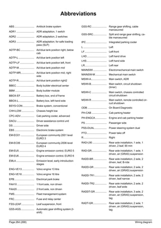 Abbreviations
ABS............................ Antilock brake system
ADR1 ......................... ADR adaptation, 1 switch
ADR2 ......................... ADR adaptation, 2 switches
ADR3 ......................... ADR adaptation, for safe loading
pass (SLP)
ADTP-BC ................... Ad-blue tank position right, below
cab
ADTP-L ...................... Ad-blue tank position left
ADTP-LF.................... Ad-blue tank position left, front
ADTP-M ..................... Ad-blue tank position mid
ADTP-MR................... Ad-blue tank position mid, right
side
ADTP-R...................... Ad-blue tank position right2
BBEC ......................... Body builder electrical center
BBM ........................... Body builder module
BBOX-EF................... Battery box, end of frame
BBOX-L...................... Battery box, left hand side
BSYS-CON................ Brake system, conventionel
CHH-LOW.................. Chassis height low
CPC-ADV................... Cab parking cooler, advanced
DACU......................... Driver assistance control unit
DS .............................. Driver side
EBS............................ Electronic brake system
EM-EC01 ................... European community 2001 level
EURO 3
EM-EC06 ................... European community 2006 level
EURO 4
EM-EU5 ..................... Engine emission control, EURO 5
EM-EU6 ..................... Engine emission control, EURO 6
EML4.......................... Emission level, early introduction
stages
ENG-VE13................. Volvo engine 13 litre
ENG-VE16................. Volvo engine 16 litre
EPB............................ Electrical park brake
FAA10 ........................ 1 front axle, non driven
FAA20 ........................ 2 front axle, non driven
FMS............................ Fleet management system
FRC............................ Fuse and relay center
FSS-LEAF.................. Leaf suspension, front
GSS-AGS................... Automatic gear shifting system (I-
shift)
GSS-RC..................... Range gear shifting, cable
manoeuvred
GSS-SRC................... Split and range gear shifting, ca-
ble manoeuvred
IPC ............................. Integrated parking cooler
L ................................. Left
LF............................... Left front
LHD............................ Left hand drive
LHS ............................ Left hand side
LR............................... Left rear
MAINSWI ................... Electromechanical main switch
MAINSW-M................ Mechanical main switch
MSWI-A...................... Main switch, ADR
MSWI-B...................... Main switch, circuit shutdown
(timer)
MSWI-C ..................... Main switch, chassis controlled
circuit shutdown
MSWI-R ..................... Main switch, remote controlled cir-
cuit shutdown
ODB ........................... On Board Diagnostic
PH-CAB ..................... Cab parking heater
PH-ENGCA................ Engine and cab parking heater
PS .............................. Passenger side
PSS-DUAL................. Power steering system dual
PTO............................ Power take off
R................................. Right
RAD-L90 .................... Rear axle installation, 1 axle, 1
driven, 2 leaf, 90 mm
RAD-GR..................... Rear axle installation, 1 axle, 1
driven, air (GRAS) suspension
RADD-BR................... Rear axle installation, 2 axle, 2
driven, leaf, B-ride
RADD-GR.................. Rear axle installation, 2 axle, 2
driven, air (GRAS) suspension
RADD-TR1................. Rear axle installation, 2 axle, 2
driven, leaf narrow
RADD-TR2................. Rear axle installation, 2 axle, 2
driven, leaf wide
RADDT-GR................ Rear axle installation, 3 axle, 2
driven, air (GRAS) suspension,
tag
RADT-GR................... Rear axle installation, 2 axle, 1
driven, air (GRAS) suspension,
tag
Page 264 (268) Wiring diagram
 