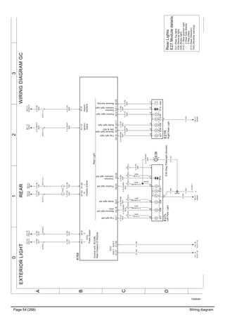 Page 54 (268) Wiring diagram
T3065461
3210
A
B
C
D
WIRINGDIAGRAMGCEXTERIORLIGHTREAR
E13E06E09E10E09E10E21
E27L
3
1
257
0.75PK
3067
Reverselightright
(MD&HD)
Reversewarning
Foglightleft
Reverselightleft
(HD)
1
Brakelightleft
Positionlightleft
RearLight
2HL
ECU
PowerSupply
Gnd1Gnd2
ChassisSubnet
Hazard
hardwire
Ignition
signal
Foglightright
Direction
Indicatorlightleft
Direction
Indicatorlightright
Brakelightright
Positionlightright
ECU
A164
Controlunit,RCIOM,
RearChassisIOModule
X1:12
X2:1X2:2X2:7X2:16X2:25X1:28X2:23
X1:6
X2:4X2:24
X1:22X1:23X4:1X4:2
X2:18X2:10X2:11X1:27
E13E0630H12E
E27R
3
1
27465
4.0RD
2018
4.0RD
2017
1.5WH
1
1.5WH
1
1.5WH
1
0.75WH
1
0.75WH/RD
3023
0.75WH/BN
30210.75WH/BU
3019
0.75GY
3042
1.5WH
1
2.5WH
1
2.5WH
1
0.75WH/VT
2020
0.75WH/RD
3023
0.75OG
7000
0.75GN
7001
LeftRearLightRightRearLightRearLights
E27Moduledetails
0.75YE
3022
SD:3C
XS348
SD:4C
XS347
XC317:12XC317:11
0.75GN
7001
0.75OG
7000
0.75GN
3000
BE:1D
XS320
BE:0D
XC203:27
XC323:1
4.0RD
2017
4.0RD
2018
XC323:2XC317:13
0.75WH/VT
2020
XC317:14
0.75GN
3000
YA:1B
XC317:15
YA:1B
XC317:16
YB:4C
XS308
E39
1
2
E21(Rearfoglight)
E06(Reverselight)
E09(Brakelight)
E10(1Rearpositionlight
2RearSideMarker
3Regplate)
E13(RearDirection)
H03(Reversewarning)
0.75BU
3026
E39(RegPlatelight(Korea))
XS333
XC353:6
0.75GY
3042
XC353:5
0.75WH/BU
3019
XC353:3
0.75WH/BN
3021
XC353:1XS334
YB:4C
XS308
XC353:4
0.75WH/RD
3023
XC353:2
AA:3B
FM5.A1
AA:3B
FM8.A1
0.75RD/YE
3020
0.75PK
3027
0.75VT
3024
0.75WH/GN
3043
0.75BN
3025
0.75BN
3025
XC353:7
64
 