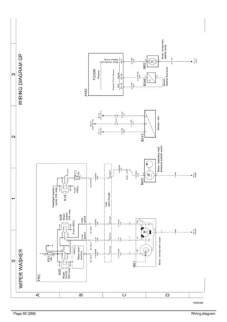 Page 60 (268) Wiring diagram
T3065468
3210
A
B
C
D
WIRINGDIAGRAMGPWIPERWASHER
M
M03
Motor,headlamphigh
pressurewasherpump
1
2
1.5WH/GN
2105
M
53B
31
31B53
M01
Motor,windscreenwiper
4
1
23
0.75RD
7085
0.75WH
1
0.75WH
1070
0.75GY
7017
1.5WH
1
A01.CB2:2
FRC
YD:1C
XS393
A01.CB2:10A01.CB2:1
XC213:20
0.75WH/BN
0151
0.75WH/BN
0151
XC213:21
1.5VT
2103
XC213:22
1.5RD/GN
2104
1.5RD/GN
2104
BE:0B
A187.CN1:5
BE:0B
A187.CN1:18
Cab
passthrough
A01.CB2:25
B243
Sensor,rain
213
F71
15A
1
2
YD:1C
XS351
SK:0A
A160.B:2
1.5WH/GN
2105
XC203:28
0.75WH
1058
0.75WH/BN
0150
0.75BN
2106
(87)
(85)(87a)
(30)
(86)
K06
1
3
2
(87)
(85)
(87a)
(30)
(86)
K05
1
3
2
45
Low
speed
High
speed
M
M02
Motor,windscreen
washerpump
2
1
1.5WH/GN
2105
(87)
(85)
(87a)
(30)
(86)
K16
1
3
2
4455
+
Headlightwasher
pump20Arelay
Wiper
On/Off
20Arelay
FCIOM
Washer
WasherFluidSensor
MotorWindscreen
WasherPump
A162
X2:7X2:20
GndSignal
X2:19
1.5VT
2103
Wiperpark
position
B249
Sensor,
Washerfluidlevel
1
3
F51
20A
1
2
1.5WH
1
YN:1C
XS1232
VMCUFromVMCU
Wiper
Speed
20Arelay
+
From
VMCU
XC301_2:19
 