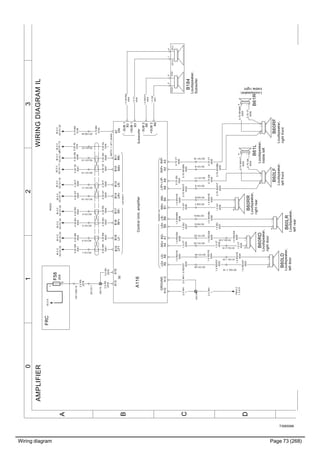 Wiring diagram Page 73 (268)
T3065588
3210
A
B
C
D
WIRINGDIAGRAMILAMPLIFIER
RR+ON30
GROUND
+SUB1
-SUB1
+SUB2
-SUB2
Lowlevelin
Subwoofer
Speakerout
LIP-LIP+RIP-RIP+
A116ControlUnit,amplifier
A5A6A4A10A1
B16
B6
B17
B5
B15
B4
B14
LR+LF+RF-LF-
LR+LR-LD+LD-RR+RR-RD+RD-
RF+LR-RR-
B13B10B11A7B18A13
B1
B3
B2
B9
B8
A8A9A3A2
A15
A12
2.5WH
1
2.5RD
2078
2.5WH
1
2.5WH
1
0.75BN
0149
0.75VT
4036
0.75WH/BN
4035
0.75GN
4034
0.75WH/VT
4033
0.35GN
4048
0.35YE
4047
0.35P
4046
0.35GY
4045
0.35RD
4044
0.35BU
4043
0.35BN
4042
0.35WH
4041
RADIO
IK:2C
XC141:22
IK:3C
XC141:23
IK:3C
XC141:24
IK:3C
XC141:25
IK:3C
XC141:15
IK:3C
XC141:16
IK:3C
XC141:17
IK:3C
XC141:18
XC131:24
1.5RD/YE
4034
XC131:8
0.75WH/BN
4035
0.75WH/BN
4035
XC131:23
1.5VT
4035
XC131:22
1.5RD/GN
4036
XC131:9
0.75WH/VT
4033
0.75WH/VT
4033
XC131:17
0.75GN
4034
0.75GN
4034
XC131:18
0.75VT
4036
XC131:25
1.5GY
4039
1.5WH/YE
4040
XC103:7
1.5GY
4039
XC103:8
1.5WH/YE
4040
XC104_1:19
1.5RD/GY
4033
1.5RD/GY
4033
XC104_1:20
1.5RD/YE
4034
1.5RD/YE
4034
XC104_2:19
1.5VT
4035
XC104_2:20
1.5RD/GN
4036
1.5RD/GN
4036
1.5BU
4037
XC103:5
1.5BU
4037
XC103:6
1.5WH/BN
4038
IK:3C
XC141:20
A01.CB3:19
XS176
FRC
B61R
Loudspeaker,
trebleright
+ -
B60RF
Loudspeaker,
rightfront
+-
B60LF
Loudspeaker,
leftfront
+-B60RD
Loudspeaker,
rightdoor
+-
B60LD
Loudspeaker,
leftdoor
+-
B184
Loudspeaker,
Subwofer
VC1+
1
VC1-
4
VC2+
2
VC2-
5
F58
20A
1
2
XC131:1
0.35WH
4041
XC131:2
0.35BN
4042
XC131:3
0.35BU
4043
XC131:4
0.35RD
4044
XC131:10
0.35GY
4045
XC131:11
0.35P
4046
XC131:12
0.35YE
4047
XC131:13
0.35GN
4048
XC130:24
0.75BN
0149
XC127:1
2.5RD
2078
YM:0C
1.3.A:5
2.5RD
2078
1.5WH/BN
4038
1.5RD/GY
4033
B61L
Loudspeaker,
trebleleft
+ -
0.75VT
4036
XS175
B60RR
Loudspeaker,
rightrear
+-
B60LR
Loudspeaker,
leftrear
+-
IG:2A
MSTC-1_671_shield
1.5VT
4049
1.5WH/BN
4050
1.5GN
4051
1.5WH/VT
4052
0.35NL
1076
IK:3C
XC141:12
XC131:21
0.35NL
1076
1.5VT
4035
 
