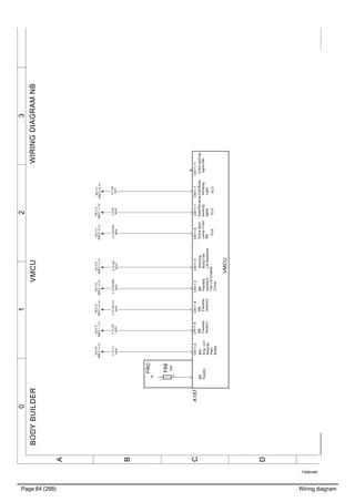 Page 84 (268) Wiring diagram
T3065466
3210
A
B
C
D
WIRINGDIAGRAMNBBODYBUILDERVMCU
ExtraSpot
LampFront
BB
BB
Flexible
Switch2
Side/Reverse
working
lights
Cab/Body
Working
Light
BB
Flexible
Switch3/
TailLiftEnable/
Crane
Extraparking
lightsBB
EL6
BB
Flexible
Switch1
VMCU
Warning
Body/Tail
Liftfeedback
EL2EL3
BB1
Eng.run/
Neutral/
Park
Brake
BB
Supply
A187CN11:8CN11:3CN11:1CN11:2CN11:9CN11:4CN11:6CN11:7CN11:11
0.75WH/VT
8002
0.75GN
8083
0.75VT
8000
ND:0B
BBEC1.4_A1
ND:0B
BBEC1.1_A1
ND:0B
BBEC1.2_A1
0.5WH/RD
8005
0.5BU
8006
NE:0A
BBEC1.9_A1
NE:0A
BBEC1.7_A1
0.5BN
8007
NE:0A
BBEC1.8_A1
ND:0B
BBEC1.3_A1
0.75WH/BN
8004
ND:0B
BBEC1.5_A1
0.75BN
8045
F68
15A
FRC
+
1
2
 