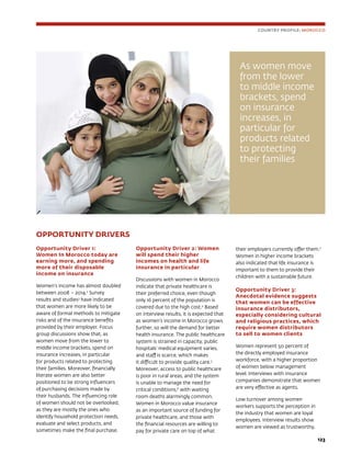123
OPPORTUNITY DRIVERS
Opportunity Driver 1:
Women In Morocco today are
earning more, and spending
more of their disposable
income on insurance
Women’s income has almost doubled
between 2008 – 2014.2
Survey
results and studies3
have indicated
that women are more likely to be
aware of formal methods to mitigate
risks and of the insurance benefits
provided by their employer. Focus
group discussions show that, as
women move from the lower to
middle income brackets, spend on
insurance increases, in particular
for products related to protecting
their families. Moreover, financially
literate women are also better
positioned to be strong influencers
of purchasing decisions made by
their husbands. The influencing role
of women should not be overlooked,
as they are mostly the ones who
identify household protection needs,
evaluate and select products, and
sometimes make the final purchase.
Opportunity Driver 2: Women
will spend their higher
incomes on health and life
insurance in particular
Discussions with women in Morocco
indicate that private healthcare is
their preferred choice, even though
only 16 percent of the population is
covered due to the high cost.4
Based
on interview results, it is expected that
as women’s income in Morocco grows
further, so will the demand for better
health insurance. The public healthcare
system is strained in capacity, public
hospitals’ medical equipment varies,
and staff is scarce, which makes
it difficult to provide quality care.5
Moreover, access to public healthcare
is poor in rural areas, and the system
is unable to manage the need for
critical conditions,6
with waiting
room deaths alarmingly common.
Women in Morocco value insurance
as an important source of funding for
private healthcare, and those with
the financial resources are willing to
pay for private care on top of what
their employers currently offer them.7
Women in higher income brackets
also indicated that life insurance is
important to them to provide their
children with a sustainable future.
Opportunity Driver 3:
Anecdotal evidence suggests
that women can be effective
insurance distributors,
especially considering cultural
and religious practices, which
require women distributors
to sell to women clients
Women represent 50 percent of
the directly employed insurance
workforce, with a higher proportion
of women below management
level. Interviews with insurance
companies demonstrate that women
are very effective as agents.
Low turnover among women
workers supports the perception in
the industry that women are loyal
employees. Interview results show
women are viewed as trustworthy,
COUNTRY PROFILE: MOROCCO
As women move
from the lower
to middle income
brackets, spend
on insurance
increases, in
particular for
products related
to protecting
their families
 