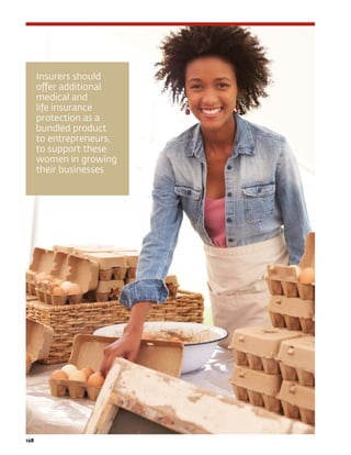 128	
Insurers should
offer additional
medical and
life insurance
protection as a
bundled product
to entrepreneurs,
to support these
women in growing
their businesses
 