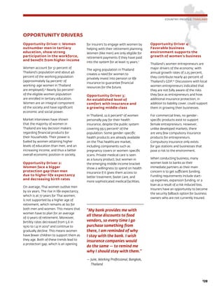 OPPORTUNITY DRIVERS
Opportunity Driver 1: Women
outnumber men in tertiary
education, show strong
participation in the workforce,
and benefit from higher income
Women account for 51 percent of
Thailand’s population and about 46
percent of the working population
(approximately 64 percent3
of
working-age women in Thailand
are employed).4
Nearly 60 percent5
of the eligible women population
are enrolled in tertiary education.
Women are an integral component
of the society and have significant
economic and social power.
Market interviews have shown
that the majority of women in
Thailand are key decision makers
regarding financial products for
their households. Their power is
fueled by women attaining higher
levels of education than men, and an
increasing income, and thus a better
overall economic position in society.
Opportunity Driver 2:
Women face a bigger
protection gap than men
due to higher life expectancy
and decreasing birth rates
On average, Thai women outlive men
by six years. The rise in life expectancy,
which is at 77 years for Thai women,
is not supported by a higher age of
retirement, which remains at 60 for
both men and women. This means that
women have to plan for an average
of 17 years of retirement. Moreover,
fertility rates decreased from 5.6 in
1970 to 1.4 in 20126
and continue to
gradually decline. This means women
have fewer children to support them as
they age. Both of these trends lead to
a protection gap, which is an opening
for insurers to engage with women by
helping with their retirement planning.
Women (like men) are only eligible for
retirement payments if they have paid
into the system for at least 15 years.7
The aging population in Thailand
creates a need for women to
privately invest into pension or life
insurance to guarantee financial
resources for the future.
Opportunity Driver 3:
An established level of
comfort with insurance and
a growing middle class
In Thailand, 22.6 percent8
of women
personally pay for their health
insurance, despite the public system
covering 99.5 percent9
of the
population. Some gender-specific
health products are already available
on the Thai healthcare market,
including components such as
pregnancy covers or women-specific
scans. Private medical care is seen
as a luxury product, but women in
the emerging middle income bracket
show a willingness to spend on health
insurance if it gives them access to
better treatment, faster care, and
more sophisticated medical facilities.
Opportunity Driver 4:
Favorable business
environment supports the
growth of women’s business
Thailand’s women entrepreneurs are
major drivers of the economy; with
annual growth rates of 2.25 percent,
they contribute nearly 40 percent of
Thailand’s GDP.10
Discussions with local
women entrepreneurs indicated that
they are not fully aware of the risks
they face as entrepreneurs and how
additional insurance protection, in
addition to liability cover, could support
them in growing their businesses.
For commercial lines, no gender-
specific products exist to support
female entrepreneurs. However,
unlike developed markets, there
are very few compulsory insurance
products for entrepreneurs.
Compulsory insurance only exists
for gas stations and businesses that
pose a risk to the environment.
When conducting business, many
women look to banks as their
immediate partners as their main
concern is to get sufficient funding.
Funding requirements include start-
up expenses, expansion funding, or a
loan as a result of a risk induced loss.
Insurers have an opportunity to become
the security fallback option for business
owners who are not currently insured.
“My bank provides me with
all these discounts to food
vendors, so every time I go
purchase something from
there, I am reminded of why
I stay with the bank. I wish
insurance companies would
do the same — to remind me
why I should stay with them.”
— June, Working Professional, Bangkok,
Thailand
COUNTRY PROFILE: THAILAND
139
 