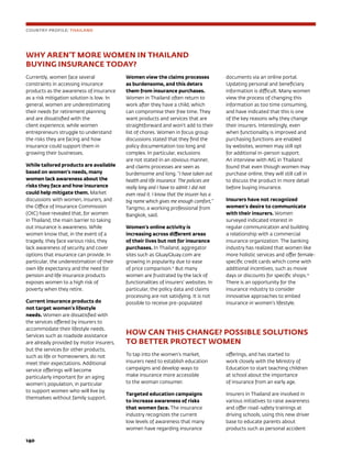 140	
COUNTRY PROFILE: THAILAND
WHY AREN’T MORE WOMEN IN THAILAND 			
BUYING INSURANCE TODAY?
Currently, women face several
constraints in accessing insurance
products as the awareness of insurance
as a risk mitigation solution is low. In
general, women are underestimating
their needs for retirement planning
and are dissatisfied with the
client experience, while women
entrepreneurs struggle to understand
the risks they are facing and how
insurance could support them in
growing their businesses.
While tailored products are available
based on women’s needs, many
women lack awareness about the
risks they face and how insurance
could help mitigate them. Market
discussions with women, insurers, and
the Office of Insurance Commission
(OIC) have revealed that, for women
in Thailand, the main barrier to taking
out insurance is awareness. While
women know that, in the event of a
tragedy, they face various risks, they
lack awareness of security and cover
options that insurance can provide. In
particular, the underestimation of their
own life expectancy and the need for
pension and life insurance products
exposes women to a high risk of
poverty when they retire.
Current insurance products do
not target women’s lifestyle
needs. Women are dissatisfied with
the services offered by insurers to
accommodate their lifestyle needs.
Services such as roadside assistance
are already provided by motor insurers,
but the services for other products,
such as life or homeowners, do not
meet their expectations. Additional
service offerings will become
particularly important for an aging
women’s population, in particular
to support women who will live by
themselves without family support.
Women view the claims processes
as burdensome, and this deters
them from insurance purchases.
Women in Thailand often return to
work after they have a child, which
can compromise their free time. They
want products and services that are
straightforward and won’t add to their
list of chores. Women in focus group
discussions stated that they find the
policy documentation too long and
complex. In particular, exclusions
are not stated in an obvious manner,
and claims processes are seen as
burdensome and long. “I have taken out
health and life insurance. The policies are
really long and I have to admit I did not
even read it. I know that the insurer has a
big name which gives me enough comfort,”
Tangmo, a working professional from
Bangkok, said.
Women’s online activity is
increasing across different areas
of their lives but not for insurance
purchases. In Thailand, aggregator
sites such as GluayGluay.com are
growing in popularity due to ease
of price comparison.11
But many
women are frustrated by the lack of
functionalities of insurers’ websites. In
particular, the policy data and claims
processing are not satisfying. It is not
possible to receive pre-populated
documents via an online portal.
Updating personal and beneficiary
information is difficult. Many women
view the process of changing this
information as too time consuming,
and have indicated that this is one
of the key reasons why they change
their insurers. Interestingly, even
when functionality is improved and
purchasing functions are enabled
by websites, women may still opt
for additional in-person support.
An interview with AIG in Thailand
found that even though women may
purchase online, they will still call in
to discuss the product in more detail
before buying insurance.
Insurers have not recognized
women’s desire to communicate
with their insurers. Women
surveyed indicated interest in
regular communication and building
a relationship with a commercial
insurance organization. The banking
industry has realized that women like
more holistic services and offer female-
specific credit cards which come with
additional incentives, such as movie
days or discounts for specific shops.12
There is an opportunity for the
insurance industry to consider
innovative approaches to embed
insurance in women’s lifestyle.
HOW CAN THIS CHANGE? POSSIBLE SOLUTIONS
TO BETTER PROTECT WOMEN
To tap into the women’s market,
insurers need to establish education
campaigns and develop ways to
make insurance more accessible
to the woman consumer.
Targeted education campaigns
to increase awareness of risks
that women face. The insurance
industry recognizes the current
low levels of awareness that many
women have regarding insurance
offerings, and has started to
work closely with the Ministry of
Education to start teaching children
at school about the importance
of insurance from an early age.
Insurers in Thailand are involved in
various initiatives to raise awareness
and offer road-safety trainings at
driving schools, using this new driver
base to educate parents about
products such as personal accident
 