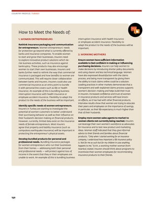 150	
How to Meet the Needs of:
1. WOMEN ENTREPRENEURS
Rethink insurance packaging and communication
for entrepreneurs. Women entrepreneurs’ needs
for protection go beyond what is currently offered by
banks and insurance companies. To enable women
to start and grow their businesses, insurers need
to explore innovative product solutions which de-
risk business activities, such as insurance against
bankruptcy. These products may also encourage
women to start their own businesses. Insurers and
banks further need to rethink the way that commercial
insurance is packaged and how benefits to women are
communicated. This will require closer collaboration
between banks and insurers. Insurers could also use
commercial insurance as an entry point to bundle
it with personal line covers such as life or health
insurance. An example of this is bundling business
interruption insurance with health insurance or
employee accident insurance. Flexibility to adapt the
product to the needs of the business will be important.
Identify specific needs of women entrepreneurs.
Insurers in Turkey are starting to investigate the
potential of women customers to better understand
their purchasing behavior as well as their influence on
their husband’s decision making on financial products.
However, currently, limited data exist on the insurance
needs of female entrepreneurs. Most insurers
agree that property and liability insurance (such as
compulsory earthquake insurance) will be important in
protecting the entrepreneur’s physical assets.
Develop bundled products for personal and
professional needs. Bundling insurance packages
for women entrepreneurs who run their businesses
from their homes — addressing both their personal
and professional needs — will protect against loss of
income in the event that they or their employees are
unable to work. An example of this is bundling business
interruption insurance with health insurance
or employee accident insurance. Flexibility to
adapt the product to the needs of the business will be
important.
2. WORKING MOTHERS
Ensure women have sufficient information
available to feel confident in making or influencing
purchasing decisions. Insurers can help women to
make decisions by introducing shorter policy documents
and using clearer and less technical language. Women
have also expressed dissatisfaction with the claims
process, and being more transparent by giving them
the ability to track claims online could be a solution.
Leading practices in other markets demonstrate that a
transparent and well-explained claims process supports
women’s decision-making and helps build their trust
in insurers. Increased confidence and trust of women
in insurance products and services will have knock-
on effects, as it has had with other financial products.
Interview results show that women are trying to educate
their peers and employees on the importance of savings,
in particular, as their life expectancy is much higher than
that of their husbands.
Employ more women sales agents to market to
women clients not currently being reached. Insurers
can leverage their own women’s workforce as advocates
for insurance and to test new product and marketing
ideas. Women staff indicated that they give informal
advice to their friends and families about financial
products. “Only when I started working for an insurance
company, I understood how important a life insurance policy
is. Not for me as such but for my children in case anything
happens to me,” Ecrin, a working mother woman from
Istanbul, stated. Insurers should think about programs to
incentivize their women employees for recommending
insurance products to their friends.
COUNTRY PROFILE: TURKEY
 