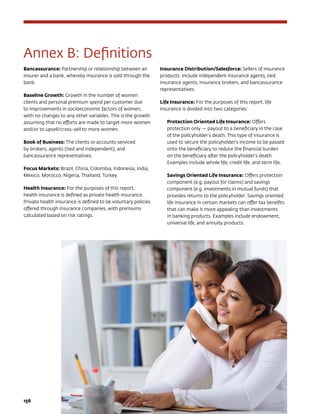 156	
Annex B: Definitions
Bancassurance: Partnership or relationship between an
insurer and a bank, whereby insurance is sold through the
bank.
Baseline Growth: Growth in the number of women
clients and personal premium spend per customer due
to improvements in socioeconomic factors of women,
with no changes to any other variables. This is the growth
assuming that no efforts are made to target more women
and/or to upsell/cross-sell to more women.
Book of Business: The clients or accounts serviced
by brokers, agents (tied and independent), and
bancassurance representatives.
Focus Markets: Brazil, China, Colombia, Indonesia, India,
Mexico, Morocco, Nigeria, Thailand, Turkey
Health Insurance: For the purposes of this report,
health insurance is defined as private health insurance.
Private health insurance is defined to be voluntary policies
offered through insurance companies, with premiums
calculated based on risk ratings.
Insurance Distribution/Salesforce: Sellers of insurance
products. Include independent insurance agents, tied
insurance agents, insurance brokers, and bancassurance
representatives.
Life Insurance: For the purposes of this report, life
insurance is divided into two categories:
Protection Oriented Life Insurance: Offers
protection only — payout to a beneficiary in the case
of the policyholder’s death. This type of insurance is
used to secure the policyholder’s income to be passed
onto the beneficiary to reduce the financial burden
on the beneficiary after the policyholder’s death.
Examples include whole life, credit life, and term life.
Savings Oriented Life Insurance: Offers protection
component (e.g. payout for claims) and savings
component (e.g. investments in mutual funds) that
provides returns to the policyholder. Savings oriented
life insurance in certain markets can offer tax benefits
that can make it more appealing than investments
in banking products. Examples include endowment,
universal life, and annuity products.
 
