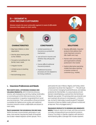 42	
1.	 Insurance Preferences and Needs
She wants basic, affordable durable and
valuable products. With limited discretionary
income, self-employed (e.g. farming, trading, handcrafts),
or commonly part of the informal economy, the low
income population is regularly marginalized from social
security protection. Their vulnerability to financial shocks
is probably the highest across society, yet traditional
insurance solutions remain unaffordable and distant to
their reality.
She is managing the household on her own.
Within the lower income bracket, particularly in rural
areas, more women may become heads of household
due to labor-related migration of their spouses. This is
particularly the case in Mexico, Nigeria, and Turkey, where
urbanization has driven the migration.90, 91
— This will result
in more women managing household finances, and seeking
protection for their families. In a 2009 study by ILO and
Women’s World Banking, a woman from the Dominican
Republic was quoted, “It’s worrying when you know for sure
you’re going to die and you’re not prepared. […]. And so I
say, my God, if I died today it would be good if I had good
insurance so that my children could continue in school and
at least eat. This is my biggest worry.”92
Insurance products to address her immediate
needs. Products need to be simple, with few exclusions,
normally corresponding to pure protection products.
Finance Trust Bank in Uganda, together with Women’s
World Banking offers coverage that includes inpatient
CHARACTERISTICS
•	 May have children or other
dependents
•	 Worries about leaving debt
to her children
•	 Focused on providing for her
family’s basic needs
•	 Irregular income
•	 Limited access to banking
services
•	 Not technology savvy
CONSTRAINTS
•	 Limited awareness of
insurance as a protection
mechanism
•	 Lack of trust in insurers and
whether they will pay the
claim
•	 Cannot afford traditional
insurance products
•	 Traditional insurance
processes are not adapted to
her living conditions
SOLUTIONS
•	 Develop affordable, impactful
products that address their
most important concerns
(life, health and crop)
•	 Partner with communities
and organizations already
positioned in the market
•	 Explore alternative operating
models that allow reaching
a massive number of
customers (e.g., mobile)
D — SEGMENT 4:
LOW-INCOME CUSTOMERS
Women remain the most vulnerable segment in need of affordable
insurance that adapts to their reality
 