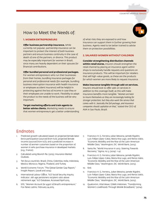 75
How to Meet the Needs of:
1. WOMEN ENTREPRENEURS
Offer business partnership insurance. While
currently not popular, partnership insurance can be
important to protect the interest of both business
partners and ensure business continuity in the case of
death of one of the partners, or divorce. This product
may be especially important for women in Brazil,
since many are heavily dependent on their spouses for
financial contributions.
Offer bundled personal and professional packages.
For women entrepreneurs who run their businesses
from their homes, bundling insurance packages for
personal and professional needs (for example, bundling
business interruption insurance with health insurance
or employee accident insurance) will be helpful in
protecting against the loss of income in case they or
their employees are unable to work. Flexibility to adapt
the product to the needs of the business will be very
important.
Target marketing efforts and train agents to
better advise clients. Marketing needs to ensure
that women entrepreneurs get a better understanding
of what risks they are exposed to and how
insurance can support them in further growing their
business. Agents need to be better trained to advise
them on protection possibilities.
2. SALARIED WOMEN WITHOUT CHILDREN
Consider strengthening distribution channels
within retail stores. Insurers should strengthen the
retail channel by placing an insurance agent within
shops to exclusively handle requests and questions on
insurance products. This will be important for retailers
that sell high-value goods, as these are the products
for which women are more likely to request insurance.
Make insurance tangible through add-on services.
Insurers should look to offer add-on services in
addition to the coverage itself, as this will make
insurance benefits more tangible. “Women are keen
to insure themselves as they are increasingly looking for
stronger protection; but they also want the service that
comes with it…basically the full package, and insurance
companies should capitalize on that,” stated the CEO of
AXA in Sao Paulo, Brazil.
COUNTRY PROFILE: BRAZIL
Endnotes
1.	 Predicted growth calculated based on projected female labor
force participation (sourced from ILO), projected female
income (sourced from ILO), and a predicted increase in
number of women customers based on the proportion of
women in who purchase insurance in developed markets
(e.g., France)
2.	 Calculated using Munich Re. (2015). Insurance Market
Outlook.
3.	 Ten focus countries: Brazil, China, Colombia, India, Indonesia,
Mexico, Morocco, Nigeria, Thailand, and Turkey
4.	 World Economic Forum, “The Global Gender Gap Report,”
Insight Report, (2008 and 2014).
5.	 International Labour Office, “ILO Social Security Inquiry;
Indicator: old-age pensioners recipient ratio above
retirement age,” ILO Database, Accessed April 2015.
6.	 EFE, “Women Account for 43pct of Brazil’s entrepreneurs,”
Fox News Latino, February 24,2015.
7.	 Francisco H. G. Ferreira, Julian Messina, Jamele Rigolini,
Luis-Felipe López-Calva, Maria Ana Lugo, and Renos Vakis.
“Economic Mobility and the Rise of the Latin American
Middle Class,” Washington, DC: World Bank, (2013).
8.	 Swiss Re, “World Insurance in 2013: Steering Towards
Recovery,” Sigma, no 3, (2014): 1-47
9.	 Francisco H. G. Ferreira, Julian Messina, Jamele Rigolini,
Luis-Felipe López-Calva, Maria Ana Lugo, and Renos Vakis.
“Economic Mobility and the Rise of the Latin American
Middle Class,” Washington, DC: World Bank, (2013).
10.	 Ibid.
11.	 Francisco H. G. Ferreira,, Julian Messina, Jamele Rigolini,
Luis-Felipe López-Calva, Maria Ana Lugo, and Renos Vakis.
“Economic Mobility and the Rise of the Latin American
Middle Class,” Washington, DC: World Bank, (2013).
12.	 Qualcomm, Vital Wave, GSMA mWomen, “Transforming
Women’s Livelihoods Through Mobile Broadband,” (2014).
 