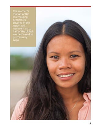 5
The women’s
market of the
10 emerging
economies
covered in this
report will
represent up to
half of the global
women’s market
premium by
2030
 