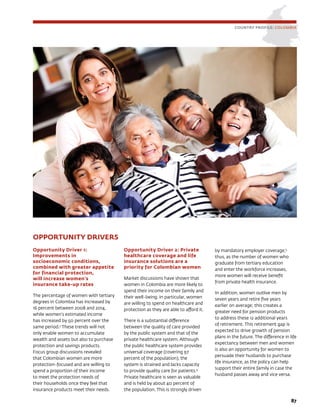 87
OPPORTUNITY DRIVERS
Opportunity Driver 1:
Improvements in
socioeconomic conditions,
combined with greater appetite
for financial protection,
will increase women’s
insurance take-up rates
The percentage of women with tertiary
degrees in Colombia has increased by
16 percent between 2008 and 2014,
while women’s estimated income
has increased by 50 percent over the
same period.3
These trends will not
only enable women to accumulate
wealth and assets but also to purchase
protection and savings products.
Focus group discussions revealed
that Colombian women are more
protection-focused and are willing to
spend a proportion of their income
to meet the protection needs of
their households once they feel that
insurance products meet their needs.
Opportunity Driver 2: Private
healthcare coverage and life
insurance solutions are a
priority for Colombian women
Market discussions have shown that
women in Colombia are more likely to
spend their income on their family and
their well-being. In particular, women
are willing to spend on healthcare and
protection as they are able to afford it.
There is a substantial difference
between the quality of care provided
by the public system and that of the
private healthcare system. Although
the public healthcare system provides
universal coverage (covering 97
percent of the population), the
system is strained and lacks capacity
to provide quality care for patients.4
Private healthcare is seen as valuable
and is held by about 40 percent of
the population. This is strongly driven
by mandatory employer coverage;5
thus, as the number of women who
graduate from tertiary education
and enter the workforce increases,
more women will receive benefit
from private health insurance.
In addition, women outlive men by
seven years and retire five years
earlier on average; this creates a
greater need for pension products
to address these 12 additional years
of retirement. This retirement gap is
expected to drive growth of pension
plans in the future. The difference in life
expectancy between men and women
is also an opportunity for women to
persuade their husbands to purchase
life insurance, as the policy can help
support their entire family in case the
husband passes away and vice versa.
COUNTRY PROFILE: COLOMBIA
 