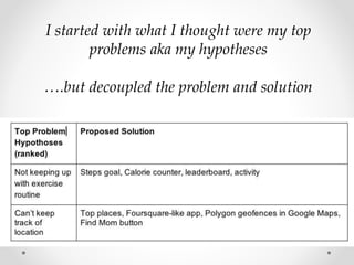 I started with what I thought were my top
problems aka my hypotheses
….but decoupled the problem and solution
 