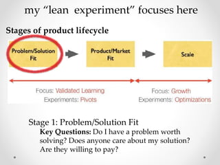 Stage 1: Problem/Solution Fit
Key Questions: Do I have a problem worth
solving? Does anyone care about my solution?
Are they willing to pay?
my “lean experiment” focuses here
Stages of product lifecycle
 