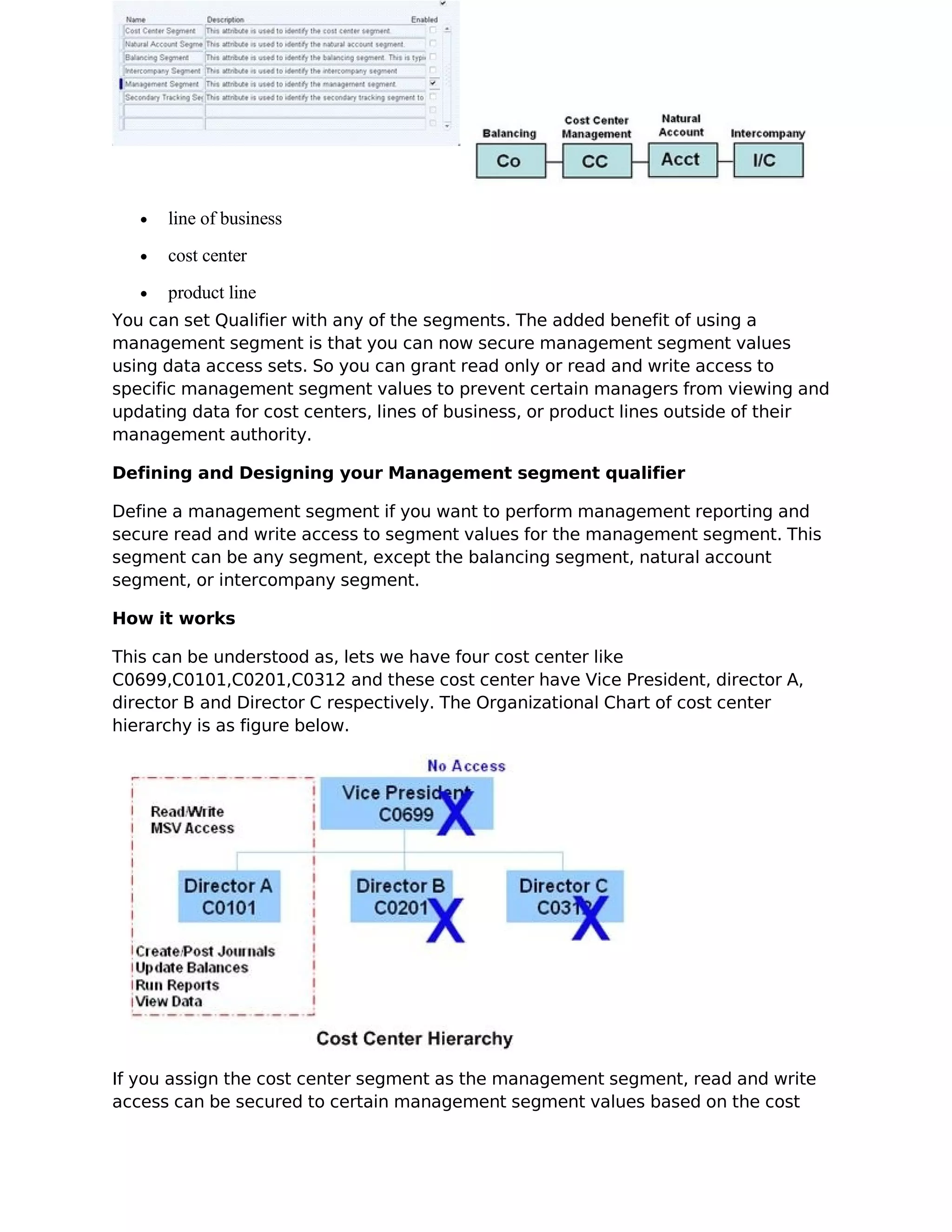•   line of business
   •   cost center
   •   product line
You can set Qualifier with any of the segments. The added benefit of using a
management segment is that you can now secure management segment values
using data access sets. So you can grant read only or read and write access to
specific management segment values to prevent certain managers from viewing and
updating data for cost centers, lines of business, or product lines outside of their
management authority.

Defining and Designing your Management segment qualifier

Define a management segment if you want to perform management reporting and
secure read and write access to segment values for the management segment. This
segment can be any segment, except the balancing segment, natural account
segment, or intercompany segment.

How it works

This can be understood as, lets we have four cost center like
C0699,C0101,C0201,C0312 and these cost center have Vice President, director A,
director B and Director C respectively. The Organizational Chart of cost center
hierarchy is as figure below.




If you assign the cost center segment as the management segment, read and write
access can be secured to certain management segment values based on the cost
 