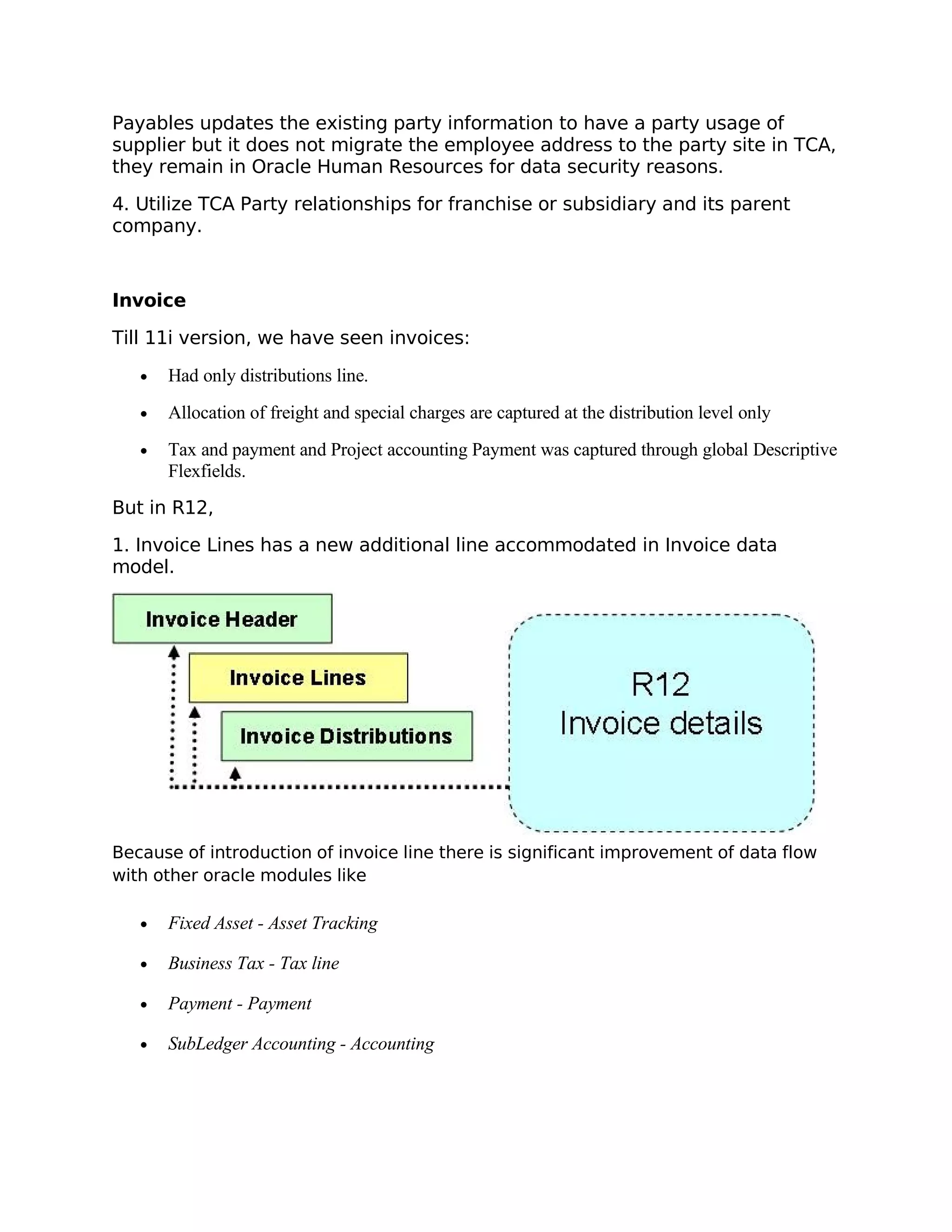 Payables updates the existing party information to have a party usage of
supplier but it does not migrate the employee address to the party site in TCA,
they remain in Oracle Human Resources for data security reasons.

4. Utilize TCA Party relationships for franchise or subsidiary and its parent
company.



Invoice

Till 11i version, we have seen invoices:

   •   Had only distributions line.
   •   Allocation of freight and special charges are captured at the distribution level only
   •   Tax and payment and Project accounting Payment was captured through global Descriptive
       Flexfields.
But in R12,

1. Invoice Lines has a new additional line accommodated in Invoice data
model.




Because of introduction of invoice line there is significant improvement of data flow
with other oracle modules like

   •   Fixed Asset - Asset Tracking

   •   Business Tax - Tax line

   •   Payment - Payment

   •   SubLedger Accounting - Accounting
 