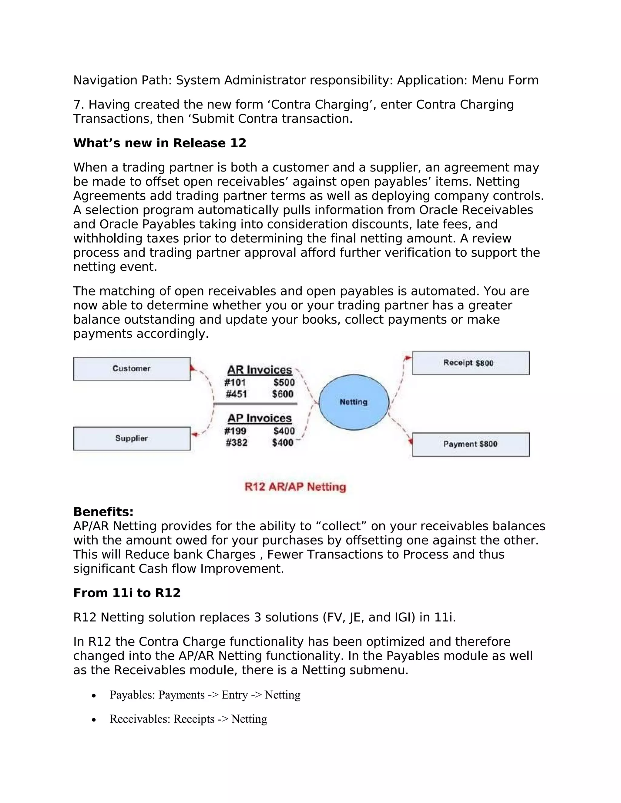 Navigation Path: System Administrator responsibility: Application: Menu Form

7. Having created the new form ‘Contra Charging’, enter Contra Charging
Transactions, then ‘Submit Contra transaction.

What’s new in Release 12

When a trading partner is both a customer and a supplier, an agreement may
be made to offset open receivables’ against open payables’ items. Netting
Agreements add trading partner terms as well as deploying company controls.
A selection program automatically pulls information from Oracle Receivables
and Oracle Payables taking into consideration discounts, late fees, and
withholding taxes prior to determining the final netting amount. A review
process and trading partner approval afford further verification to support the
netting event.
The matching of open receivables and open payables is automated. You are
now able to determine whether you or your trading partner has a greater
balance outstanding and update your books, collect payments or make
payments accordingly.




Benefits:
AP/AR Netting provides for the ability to “collect” on your receivables balances
with the amount owed for your purchases by offsetting one against the other.
This will Reduce bank Charges , Fewer Transactions to Process and thus
significant Cash flow Improvement.

From 11i to R12

R12 Netting solution replaces 3 solutions (FV, JE, and IGI) in 11i.

In R12 the Contra Charge functionality has been optimized and therefore
changed into the AP/AR Netting functionality. In the Payables module as well
as the Receivables module, there is a Netting submenu.

   •   Payables: Payments -> Entry -> Netting
   •   Receivables: Receipts -> Netting
 