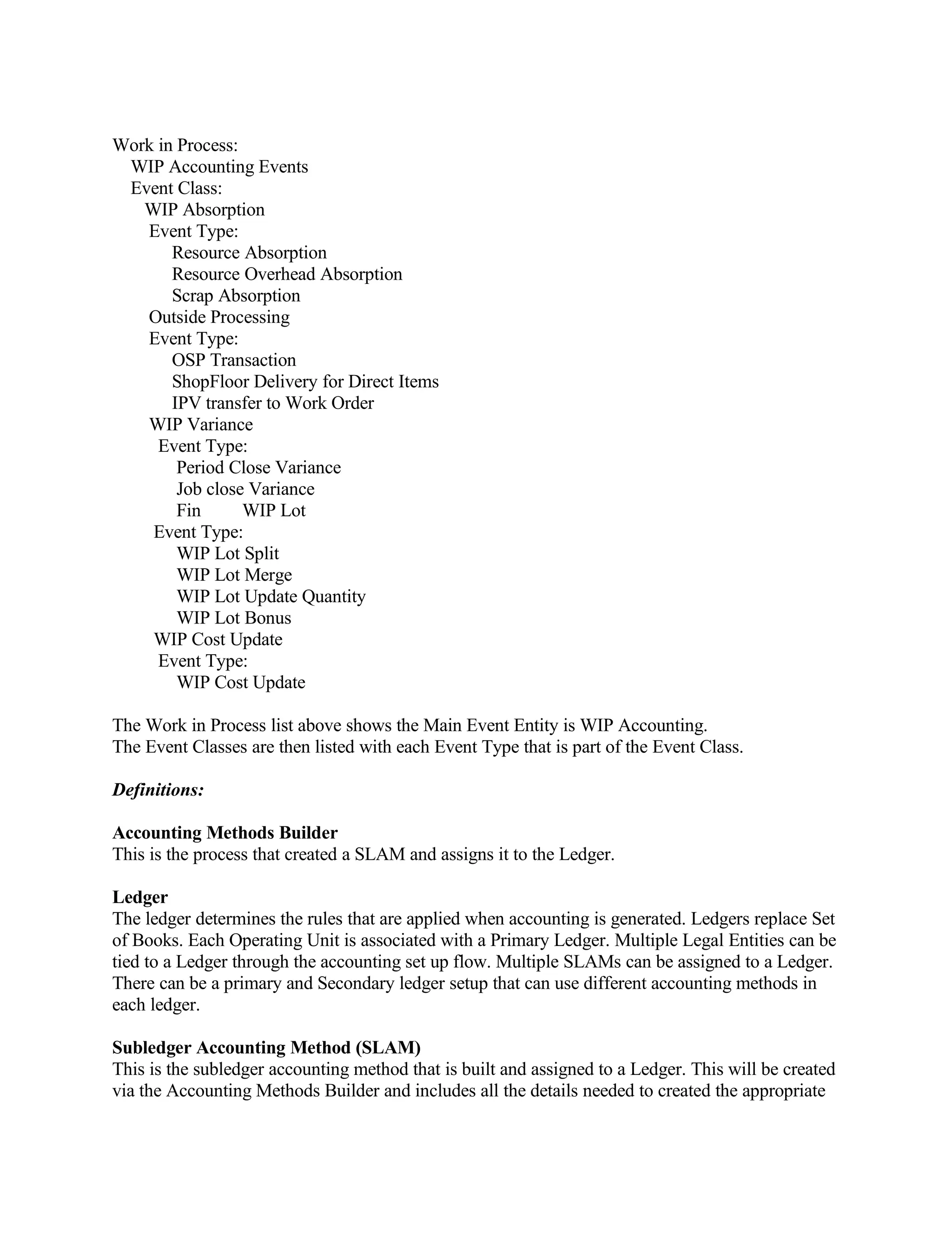 Work in Process:
 WIP Accounting Events
 Event Class:
   WIP Absorption
   Event Type:
       Resource Absorption
       Resource Overhead Absorption
       Scrap Absorption
   Outside Processing
   Event Type:
       OSP Transaction
       ShopFloor Delivery for Direct Items
       IPV transfer to Work Order
   WIP Variance
     Event Type:
        Period Close Variance
        Job close Variance
        Fin      WIP Lot
    Event Type:
        WIP Lot Split
        WIP Lot Merge
        WIP Lot Update Quantity
        WIP Lot Bonus
    WIP Cost Update
     Event Type:
        WIP Cost Update

The Work in Process list above shows the Main Event Entity is WIP Accounting.
The Event Classes are then listed with each Event Type that is part of the Event Class.

Definitions:

Accounting Methods Builder
This is the process that created a SLAM and assigns it to the Ledger.

Ledger
The ledger determines the rules that are applied when accounting is generated. Ledgers replace Set
of Books. Each Operating Unit is associated with a Primary Ledger. Multiple Legal Entities can be
tied to a Ledger through the accounting set up flow. Multiple SLAMs can be assigned to a Ledger.
There can be a primary and Secondary ledger setup that can use different accounting methods in
each ledger.

Subledger Accounting Method (SLAM)
This is the subledger accounting method that is built and assigned to a Ledger. This will be created
via the Accounting Methods Builder and includes all the details needed to created the appropriate
 
