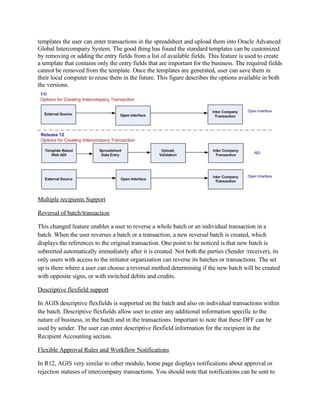 templates the user can enter transactions in the spreadsheet and upload them into Oracle Advanced
Global Intercompany System. The good thing has found the standard templates can be customized
by removing or adding the entry fields from a list of available fields. This feature is used to create
a template that contains only the entry fields that are important for the business. The required fields
cannot be removed from the template. Once the templates are generated, user can save them in
their local computer to reuse them in the future. This figure describes the options available in both
the versions.




Multiple recipients Support

Reversal of batch/transaction

This changed feature enables a user to reverse a whole batch or an individual transaction in a
batch. When the user reverses a batch or a transaction, a new reversal batch is created, which
displays the references to the original transaction. One point to be noticed is that new batch is
submitted automatically immediately after it is created. Not both the parties (Sender /receiver), its
only users with access to the initiator organization can reverse its batches or transactions. The set
up is there where a user can choose a reversal method determining if the new batch will be created
with opposite signs, or with switched debits and credits.

Descriptive flexfield support

In AGIS descriptive flexfields is supported on the batch and also on individual transactions within
the batch. Descriptive flexfields allow user to enter any additional information specific to the
nature of business, in the batch and in the transactions. Important to note that these DFF can be
used by sender. The user can enter descriptive flexfield information for the recipient in the
Recipient Accounting section.

Flexible Approval Rules and Workflow Notifications

In R12, AGIS very similar to other module, home page displays notifications about approval or
rejection statuses of intercompany transactions. You should note that notifications can be sent to
 
