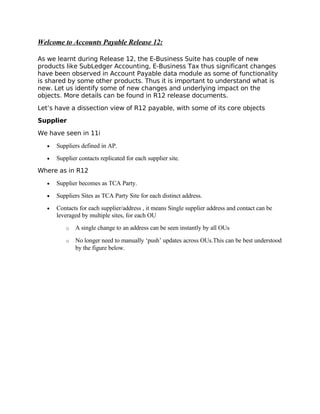 Welcome to Accounts Payable Release 12:

As we learnt during Release 12, the E-Business Suite has couple of new
products like SubLedger Accounting, E-Business Tax thus significant changes
have been observed in Account Payable data module as some of functionality
is shared by some other products. Thus it is important to understand what is
new. Let us identify some of new changes and underlying impact on the
objects. More details can be found in R12 release documents.

Let’s have a dissection view of R12 payable, with some of its core objects

Supplier

We have seen in 11i
   •   Suppliers defined in AP.
   •   Supplier contacts replicated for each supplier site.
Where as in R12

   •   Supplier becomes as TCA Party.
   •   Suppliers Sites as TCA Party Site for each distinct address.
   •   Contacts for each supplier/address , it means Single supplier address and contact can be
       leveraged by multiple sites, for each OU
          o   A single change to an address can be seen instantly by all OUs

          o   No longer need to manually ‘push’ updates across OUs.This can be best understood
              by the figure below.
 