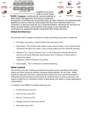 applied to services
                             sold to cover those
goods. Revenue is deferred for service ordered in
both Order Management and Service Contracts.
Acceptance contingencies associated with an item instance are automatically
applied to service revenue associated with the item instance when it is
covered in a Service Contract as a Covered Product. Revenue for services on
other covered levels, subscriptions and usage is not impacted by
contingencies applied to goods associated with those services.
Global Architecture


As we know, with in global architecture, these new things have been introduced.

   •   Sub ledger Accounting - Journal Creation takes place prior to GL.

   •   Bank Model - This unified model enables to park customer Bank as well as Internal bank
       information into there new model, so that working capital cash flow should be enhanced.

   •   EBusiness Tax - Oracle E-Business Tax is a new product that uniformly delivers tax
       services to all Oracle EBusiness Suite business flows. In Release 12, Receivables is
       enhanced to support
       integration with the E-Business Tax product.

   •   Intercompany - This is enhanced by automatic balancing,

MOAC Control
This enhance you by enabling and performing tasks across operating Units (OUs),
where you have access to without changing responsibilities. As we know , MOAC
enables companies that have implemented a Shared Services operating model to
efficiently process business transactions by allowing them to access, process, and
report on data for an unlimited number of operating units within a single applications
responsibility.

In nutshell, once MOAC is enabled, then you can:

   •   Perform Setups for any OU

   •   Enter invoices across OUs

   •   Receive Cash for any OU

   •   Manage Customer Credit across all OU

   •   Run reports across OUs
 