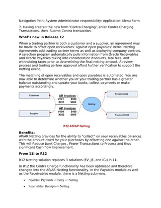 Navigation Path: System Administrator responsibility: Application: Menu Form

7. Having created the new form ‘Contra Charging’, enter Contra Charging
Transactions, then ‘Submit Contra transaction.

What’s new in Release 12

When a trading partner is both a customer and a supplier, an agreement may
be made to offset open receivables’ against open payables’ items. Netting
Agreements add trading partner terms as well as deploying company controls.
A selection program automatically pulls information from Oracle Receivables
and Oracle Payables taking into consideration discounts, late fees, and
withholding taxes prior to determining the final netting amount. A review
process and trading partner approval afford further verification to support the
netting event.
The matching of open receivables and open payables is automated. You are
now able to determine whether you or your trading partner has a greater
balance outstanding and update your books, collect payments or make
payments accordingly.




Benefits:
AP/AR Netting provides for the ability to “collect” on your receivables balances
with the amount owed for your purchases by offsetting one against the other.
This will Reduce bank Charges , Fewer Transactions to Process and thus
significant Cash flow Improvement.

From 11i to R12

R12 Netting solution replaces 3 solutions (FV, JE, and IGI) in 11i.

In R12 the Contra Charge functionality has been optimized and therefore
changed into the AP/AR Netting functionality. In the Payables module as well
as the Receivables module, there is a Netting submenu.

   •   Payables: Payments -> Entry -> Netting
   •   Receivables: Receipts -> Netting
 