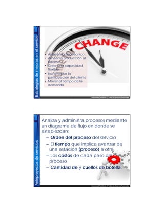 Universidad TecMilenio © Todos los Derechos Reservados
Estrategiasdemejorasenelservicio
• Aislar el núcleo técnico
• Alinear la producción al
sistema
• Crear una capacidad
flexible
• Incrementar la
participación del cliente
• Mover el tiempo de la
demanda
Universidad TecMilenio © Todos los Derechos Reservados
Anteproyectosdeservicios
Analiza y administra procesos mediante
un diagrama de flujo en donde se
establezcan:
– Orden del proceso del servicio
– El tiempo que implica avanzar de
una estación (proceso) a otra
– Los costos de cada paso del
proceso
– Cantidad de y cuellos de botella.
 