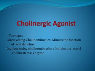 Two types
•Direct acting Cholinomimetics: Mimics the function
of acetylcholine
•Indirect acting cholinomimetics : Inhibits the acetyl
cholinesterase enzyme
 