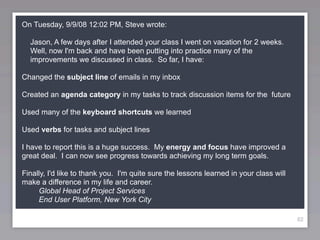 On Tuesday, 9/9/08 12:02 PM, Steve wrote:

  Jason, A few days after I attended your class I went on vacation for 2 weeks.
  Well, now I'm back and have been putting into practice many of the
  improvements we discussed in class. So far, I have:

Changed the subject line of emails in my inbox

Created an agenda category in my tasks to track discussion items for the future

Used many of the keyboard shortcuts we learned

Used verbs for tasks and subject lines

I have to report this is a huge success. My energy and focus have improved a
great deal. I can now see progress towards achieving my long term goals.

Finally, I'd like to thank you. I'm quite sure the lessons learned in your class will
make a difference in my life and career.
     Global Head of Project Services
     End User Platform, New York City

                                                                                        82
 