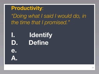 Productivity:
“Doing what I said I would do, in
the time that I promised.”

I.     Identify
D.     Define
e.
A.
                                    26
 