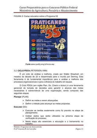 Curso Preparatório para o Concurso Público Federal   
Ministério da Agricultura, Pecuária e Abastecimento 
 
Módulo: Programas de Autocontrole 
Profª Iracema M. de Carvalho  Página 13 
 
FIGURA 2- Cartaz educativo sobre o Programa 5S
Fonte:www.quality.eng.br/livros.asp
3.2. CICLO PDCA (PETERSEN,1999)
É um ciclo de análise e melhoria, criado por Walter Shewhart, em
meados da década de 20 e disseminado para o mundo por Deming. Esta
ferramenta é de fundamental importância para a análise e melhoria dos
processos organizacionais e para a eficácia do trabalho em equipe.
O Ciclo PDCA (em inglês Plan, Do, Check e Action) é uma ferramenta
gerencial de tomada de decisões para garantir o alcance das metas
necessárias à sobrevivência de uma organização, sendo composto das
seguintes etapas:
Planejar (PLAN)
Definir as metas a serem alcançadas;
Definir o método para alcançar as metas propostas.
Executar (DO)
Executar as tarefas exatamente como foi previsto na etapa de
planejamento;
Coletar dados que serão utilizados na próxima etapa de
verificação do processo;
Nesta etapa são essenciais a educação e o treinamento no
trabalho.
 