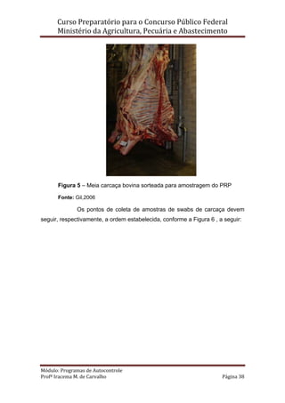 Curso Preparatório para o Concurso Público Federal   
Ministério da Agricultura, Pecuária e Abastecimento 
 
Módulo: Programas de Autocontrole 
Profª Iracema M. de Carvalho  Página 38 
 
Figura 5 – Meia carcaça bovina sorteada para amostragem do PRP
Fonte: Gil,2006
Os pontos de coleta de amostras de swabs de carcaça devem
seguir, respectivamente, a ordem estabelecida, conforme a Figura 6 , a seguir:
 