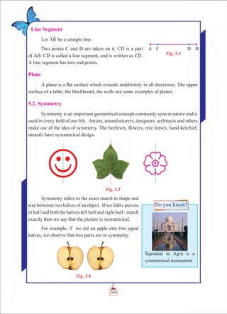 Chapter 5
Line Segment
Let AB be a straight line.
Two points C and D are taken on it. CD is a part
of AB. CD is called a line segment, and is written as CD.
A line segment has two end points.
Plane
A plane is a flat surface which extends indefinitely in all directions. The upper
surface of a table, the blackboard, the walls are some examples of planes.
5.2. Symmetry
Symmetry is an important geometrical concept commonly seen in nature and is
used in every field of our life. Artists, manufacturers, designers, architects and others
make use of the idea of symmetry. The beehives, flowers, tree leaves, hand kerchief,
utensils have symmetrical design.
Fig. 5.5
Symmetry refers to the exact match in shape and
size between two halves of an object. If we fold a picture
in half and both the halves-left half and right half - match
exactly then we say that the picture is symmetrical.
For example, if we cut an apple into two equal
halves, we observe that two parts are in symmetry.
Fig. 5.6
Fig. 5.4
Tajmahal in Agra is a
symmetrical monument.
164
 